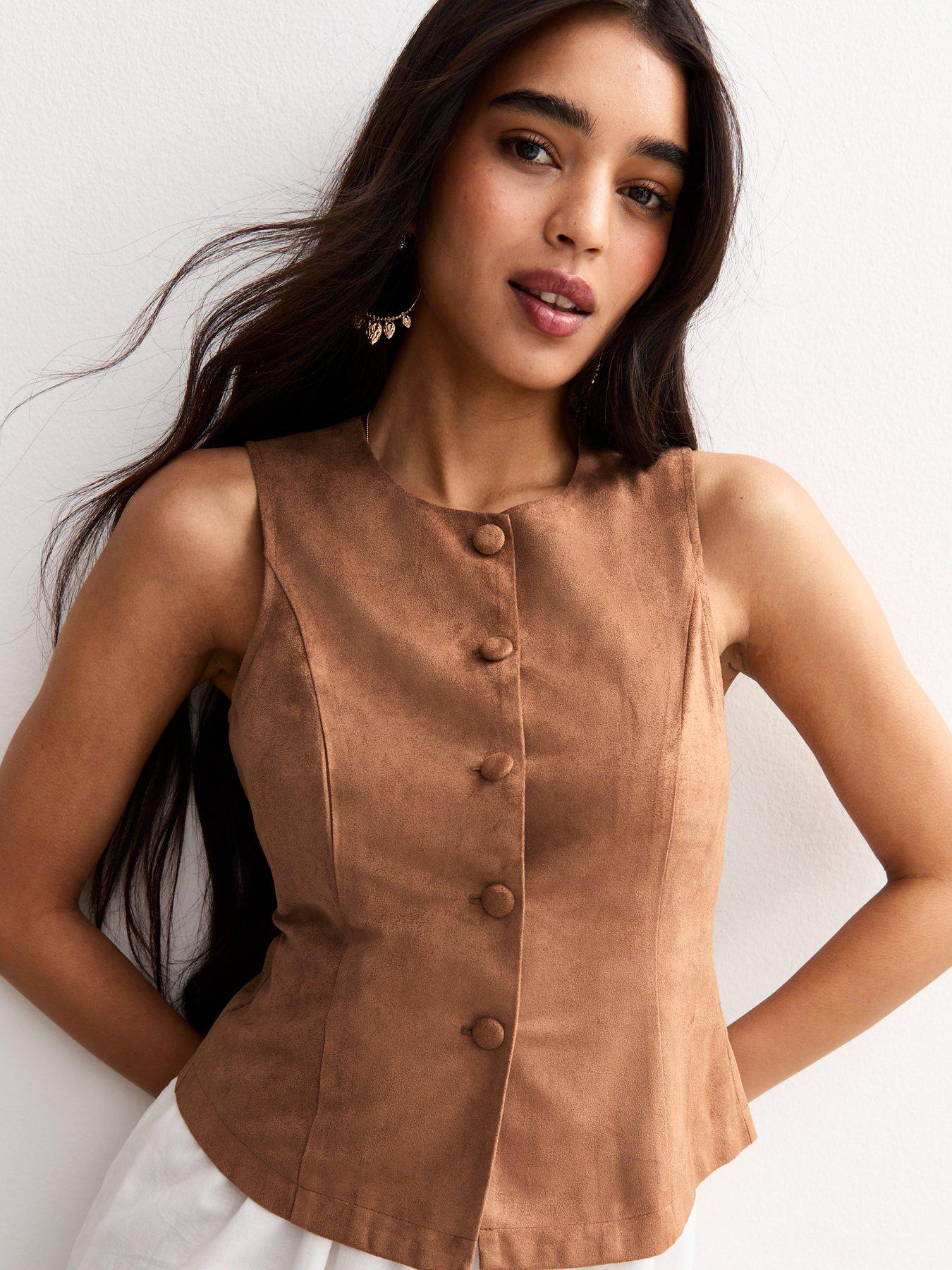 New Look Rust Faux Suede Buttoned Waistcoat - Brown