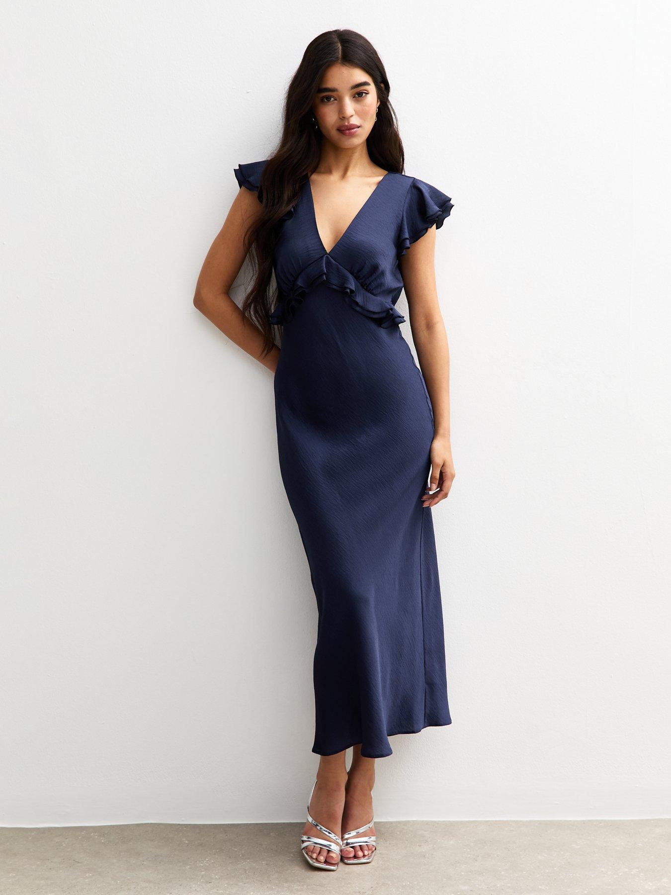 undefined Navy Ruffled Satin V-Neck Midi Dress - Blue