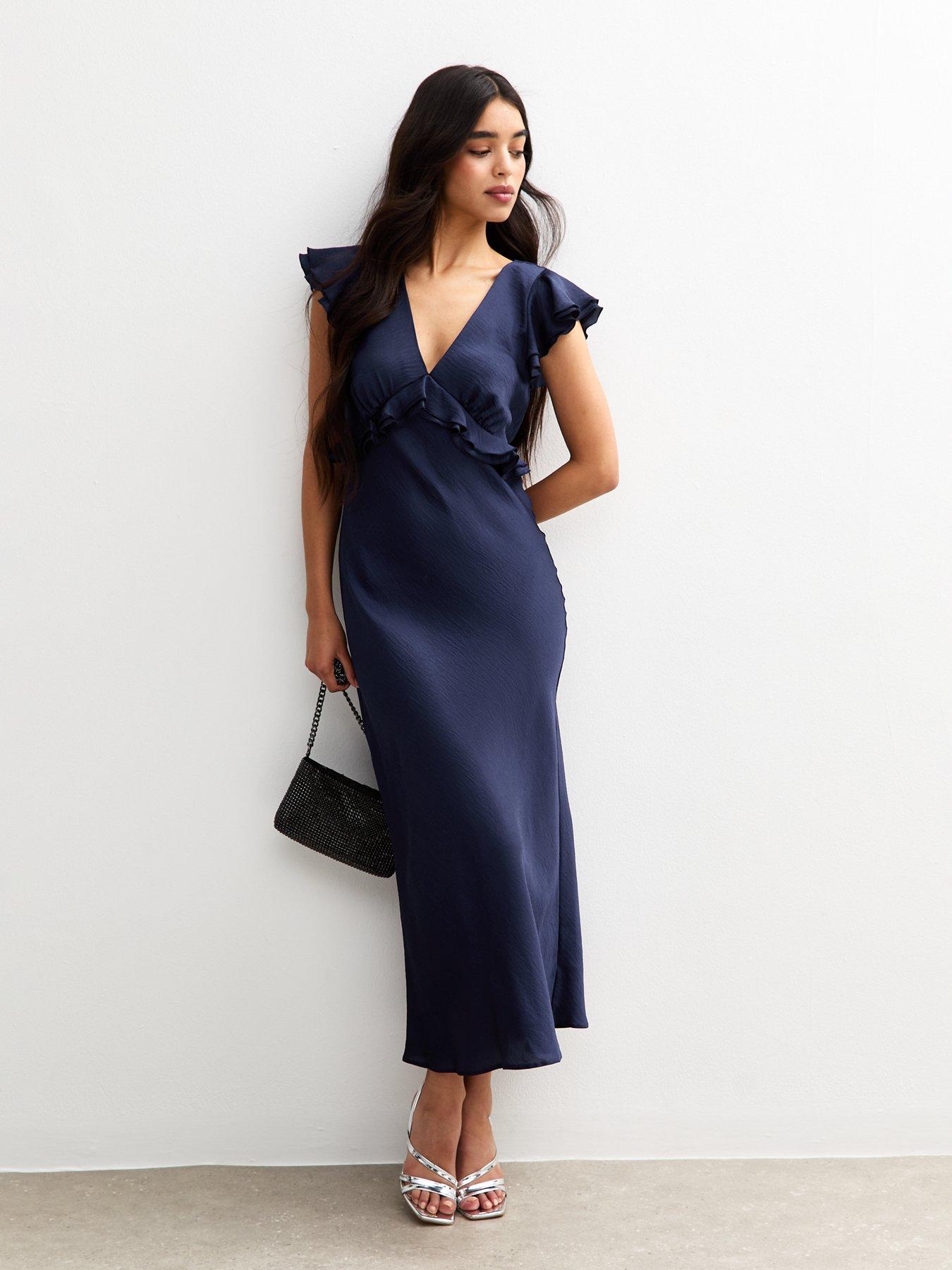 New Look Navy Ruffled Satin V-Neck Midi Dress Blue Littlewoods