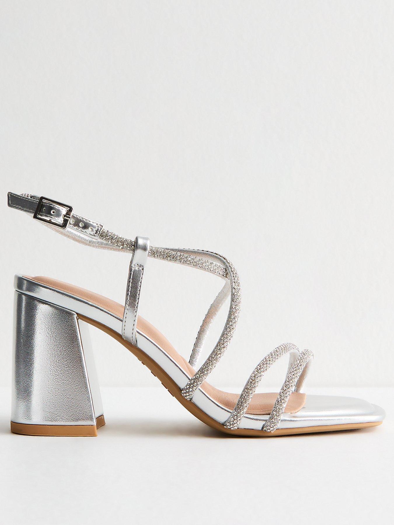 undefined Wide Fit Silver Diamante Embellished Block Heel Sandals