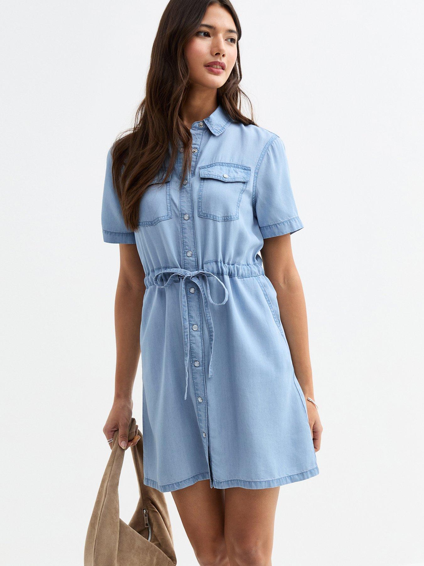  image of new-look-light-blue-chambray-denim-look-mini-shirt-dress