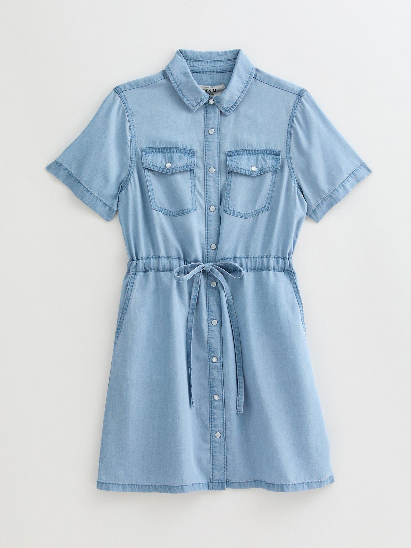  image of new-look-light-blue-chambray-denim-look-mini-shirt-dress