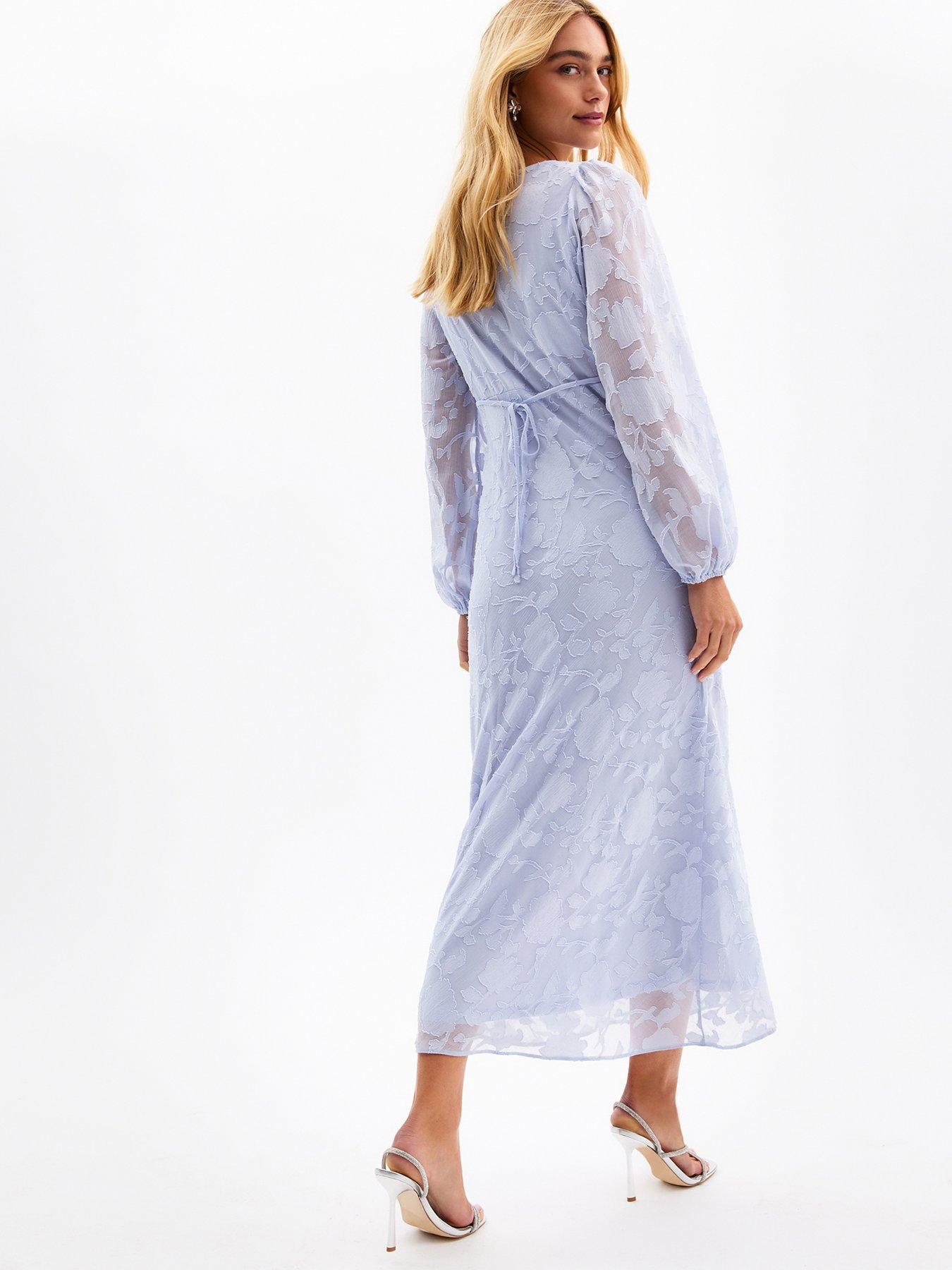 V-neck Light Blue Asymmetrical Ruffled Long Dress