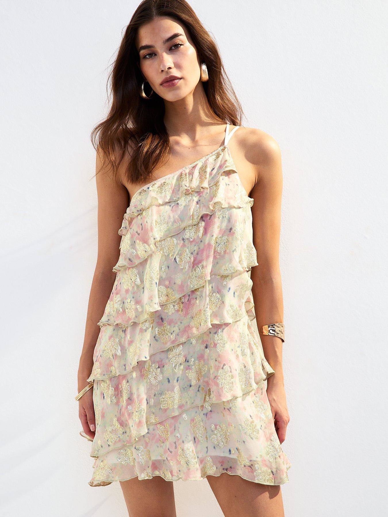 undefined Gold Jaquard One Shoulder Mini Dress - Pink