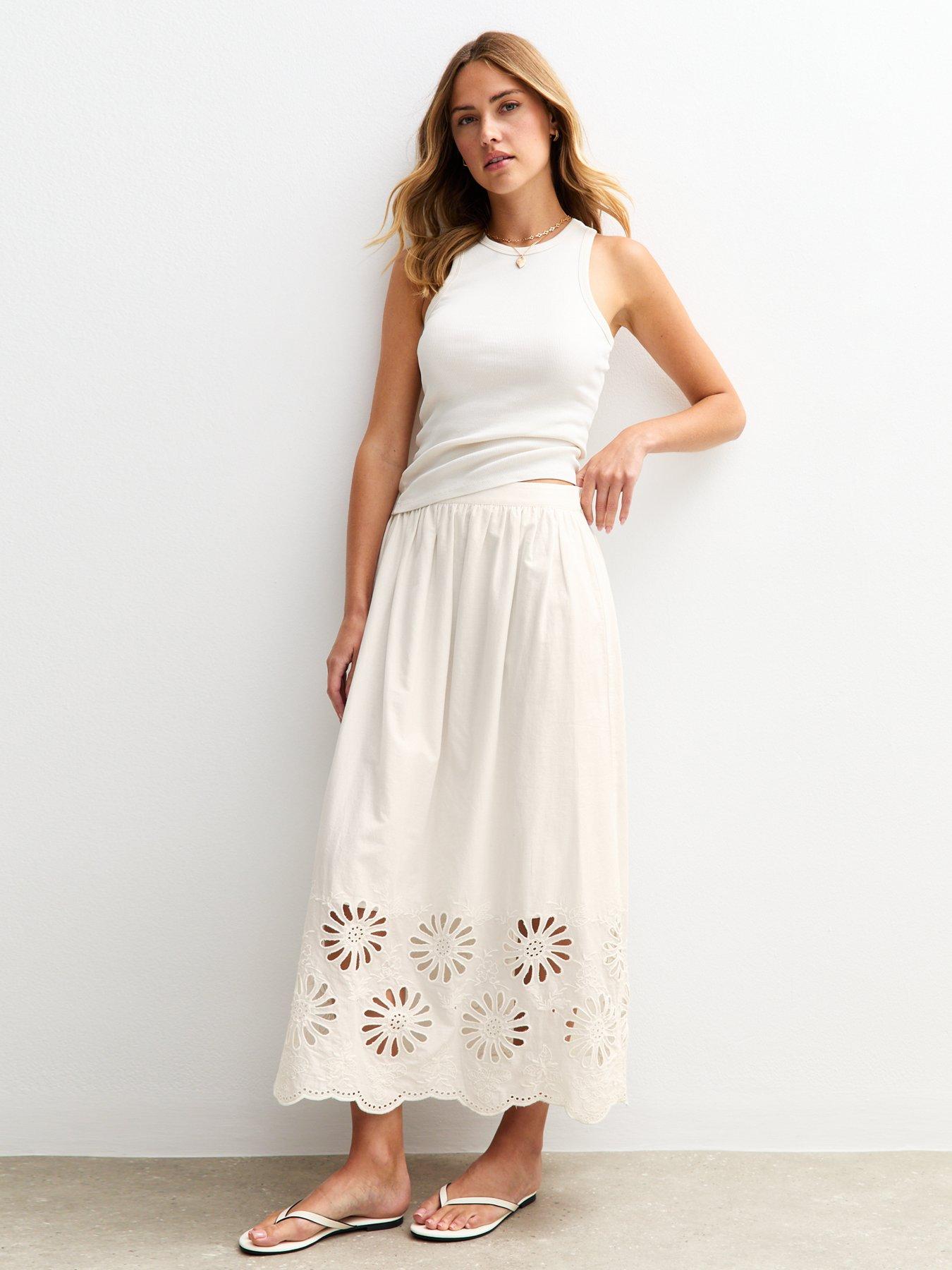 New Look Embroidered Cutout Hem Midi Skirt - White