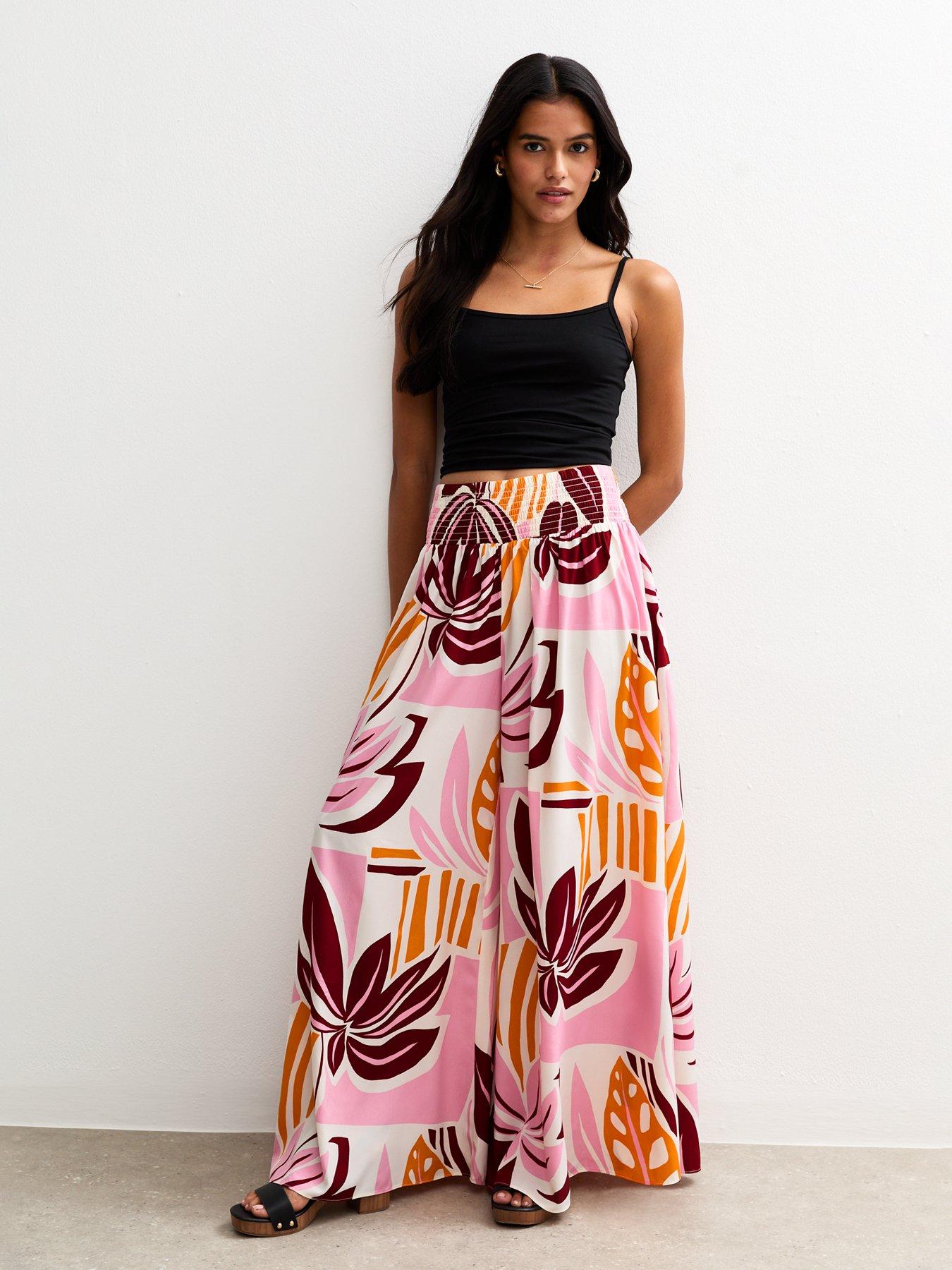 undefined Pink Palm Print Palazzo Trousers - Cream