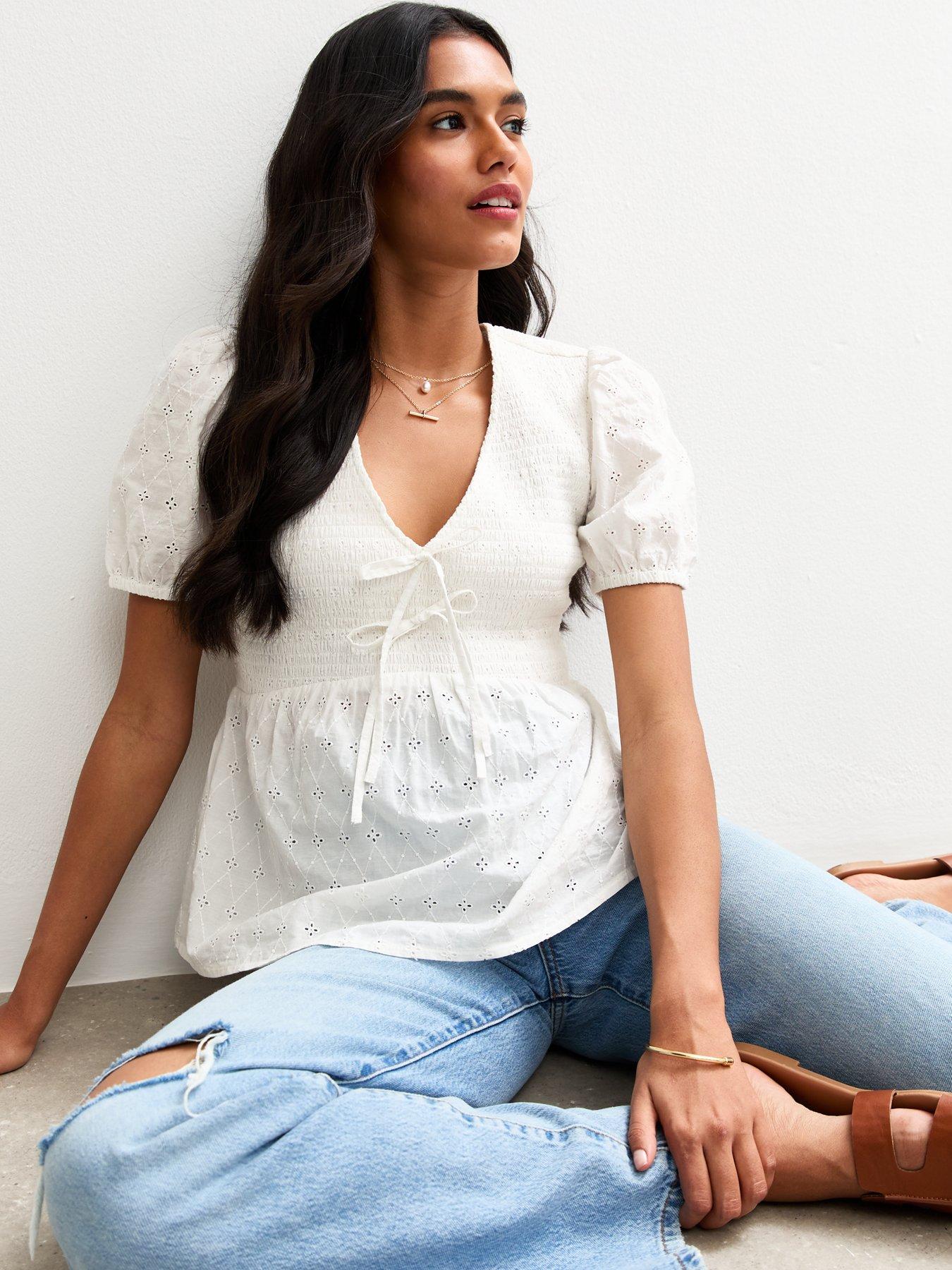 New Look Broderie Anglaise Tie Detail Top - White