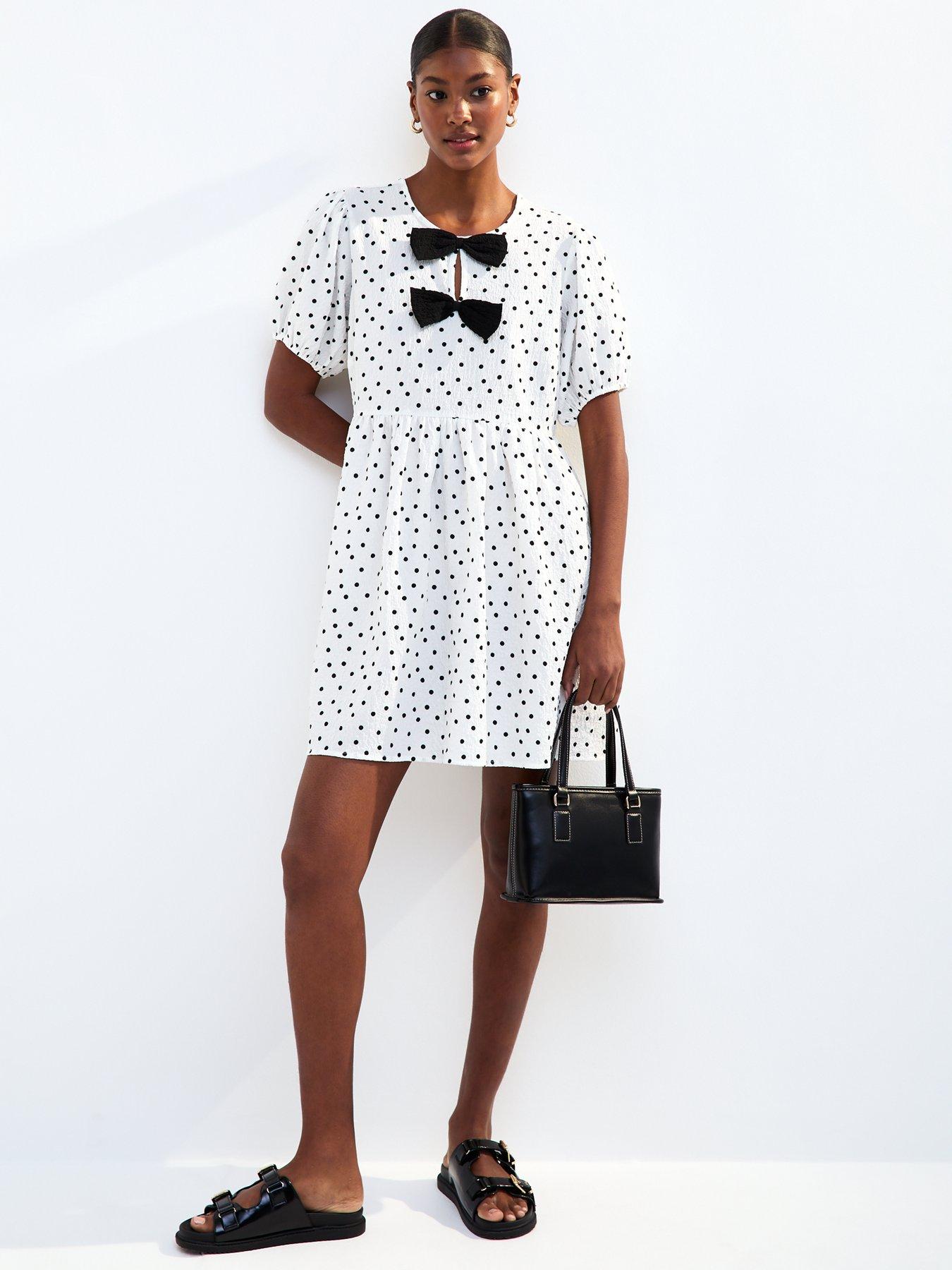 undefined White Bow Front Polka Dot Crinkle Texture Mini Dress