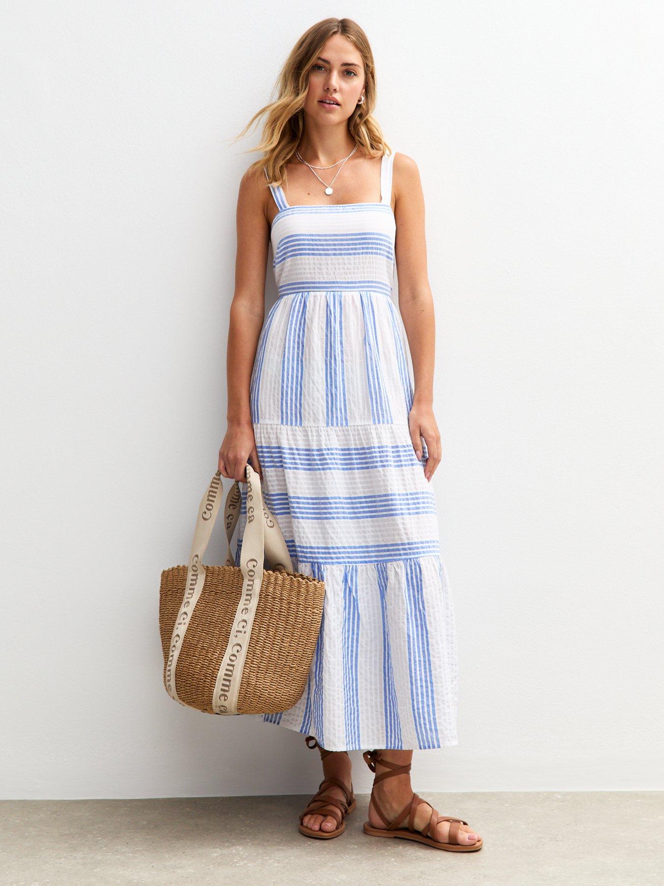 undefined Striped Textured Tiered Midi Dress - Blue