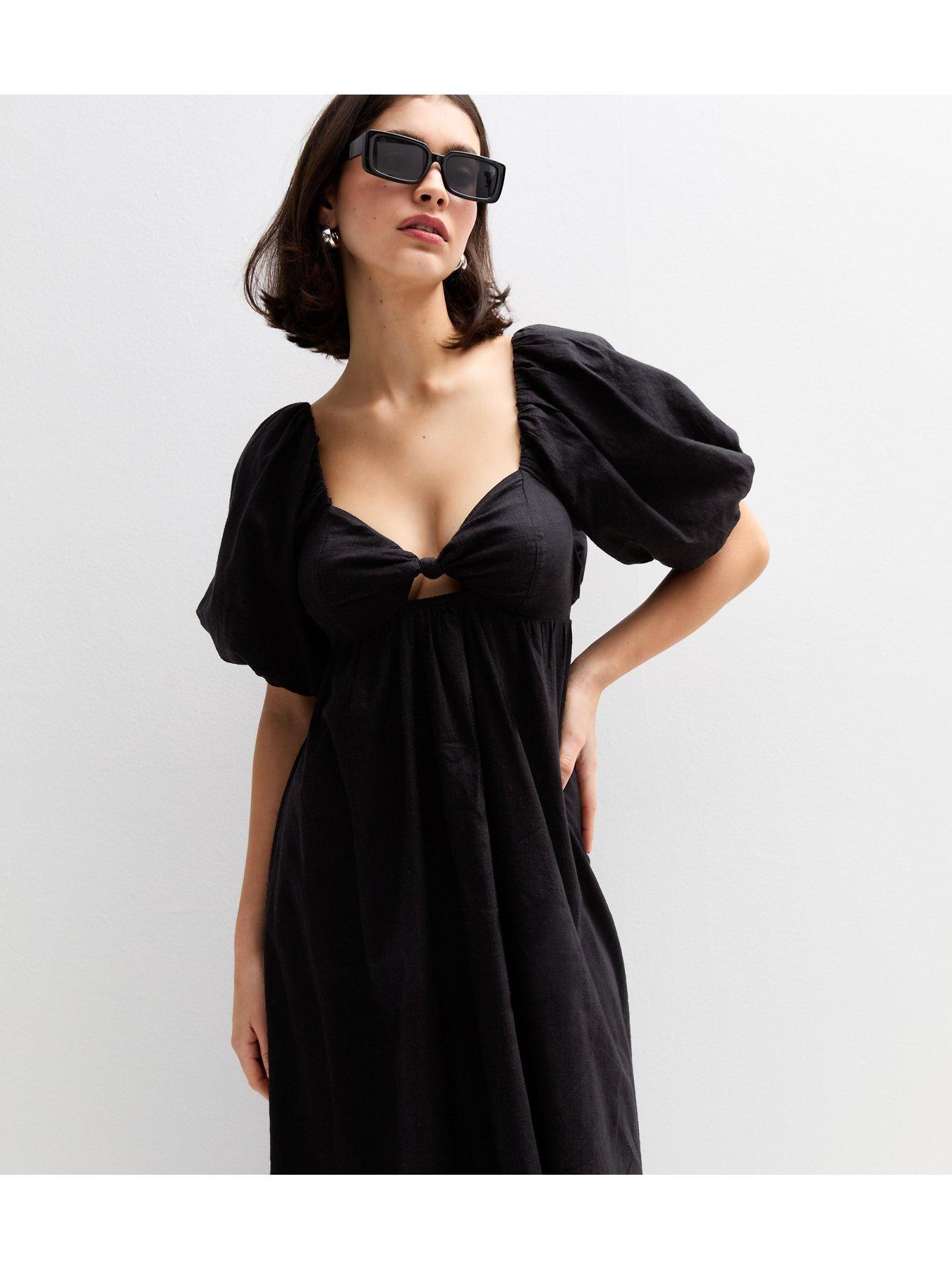 knee length dresses for ladies Dolly Puff Sleeve Midi Dress - Black