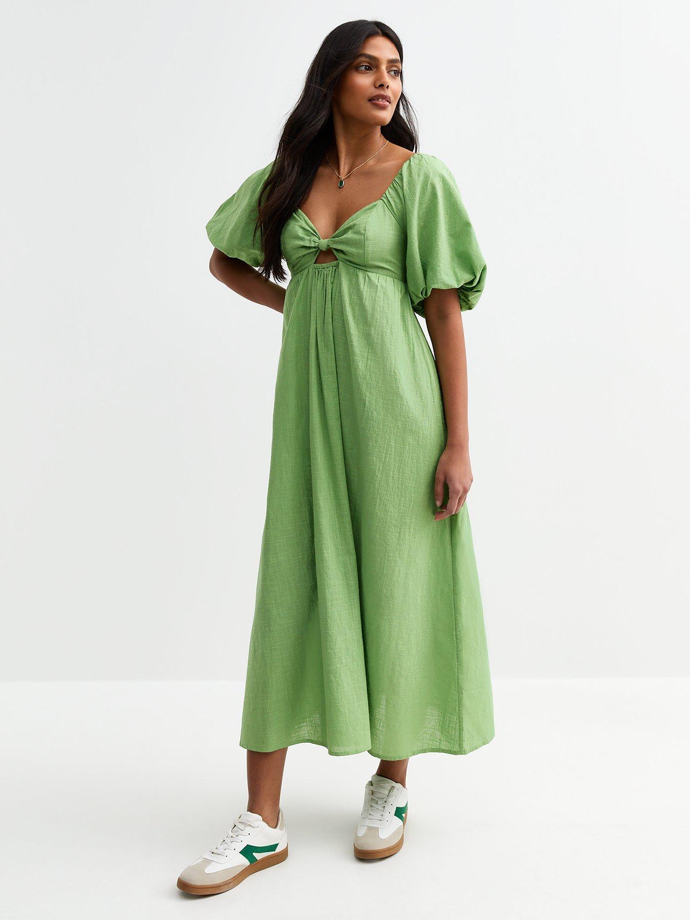 new-look-puff-sleeve-knotted-front-midi-dress-green