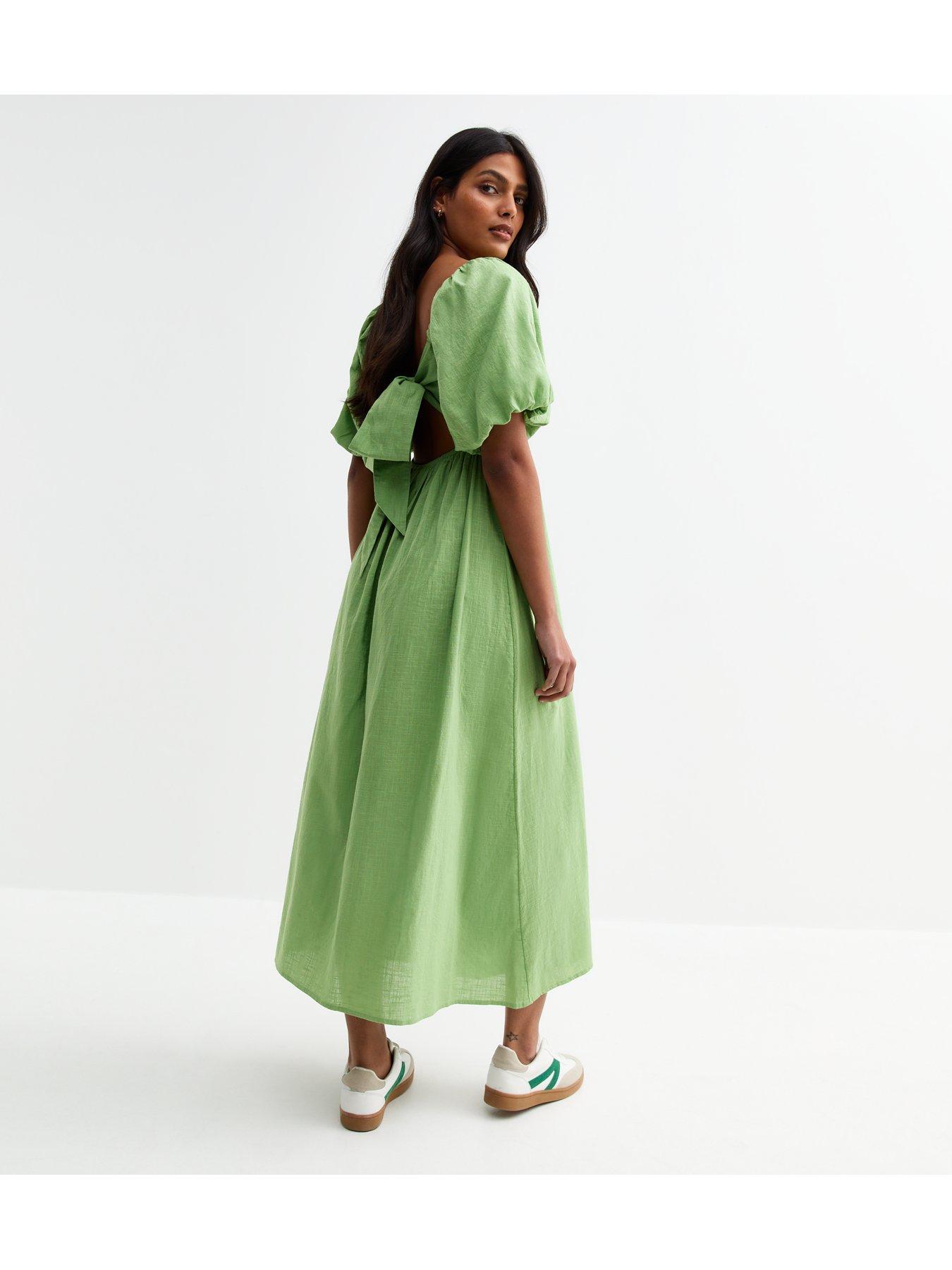 green emerald velvet dress Una Embroidered Cotton Light Green Midi Tea Dress – Finery London