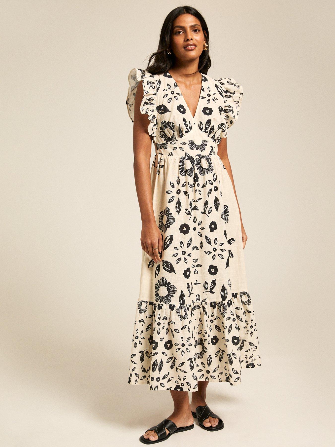 undefined Floral Print Frill Sleeve Midi Dress - Cream