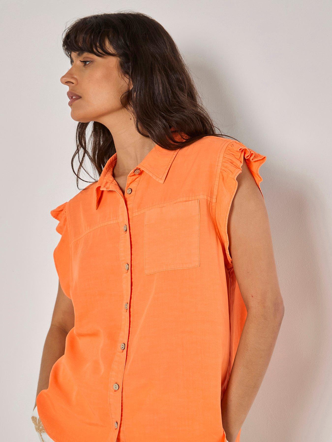 apricot-ruffle-sleeve-soft-slub-blouse