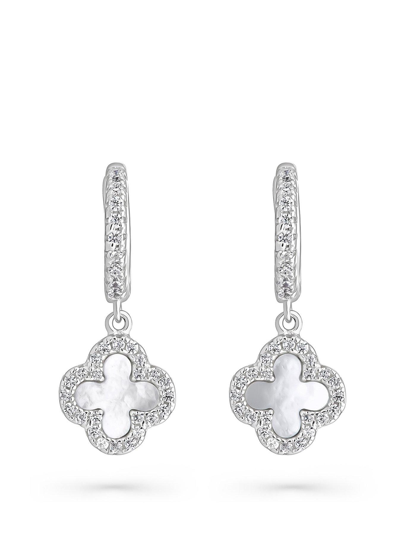  image of beaverbrooks-silver-cubic-zirconia-mother-of-pearl-clover-hoop-earrings