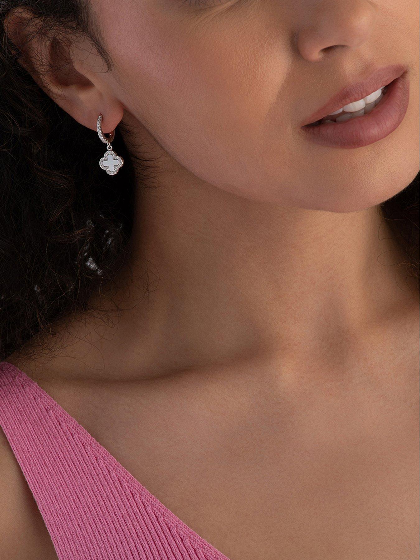  image of beaverbrooks-silver-cubic-zirconia-mother-of-pearl-clover-hoop-earrings