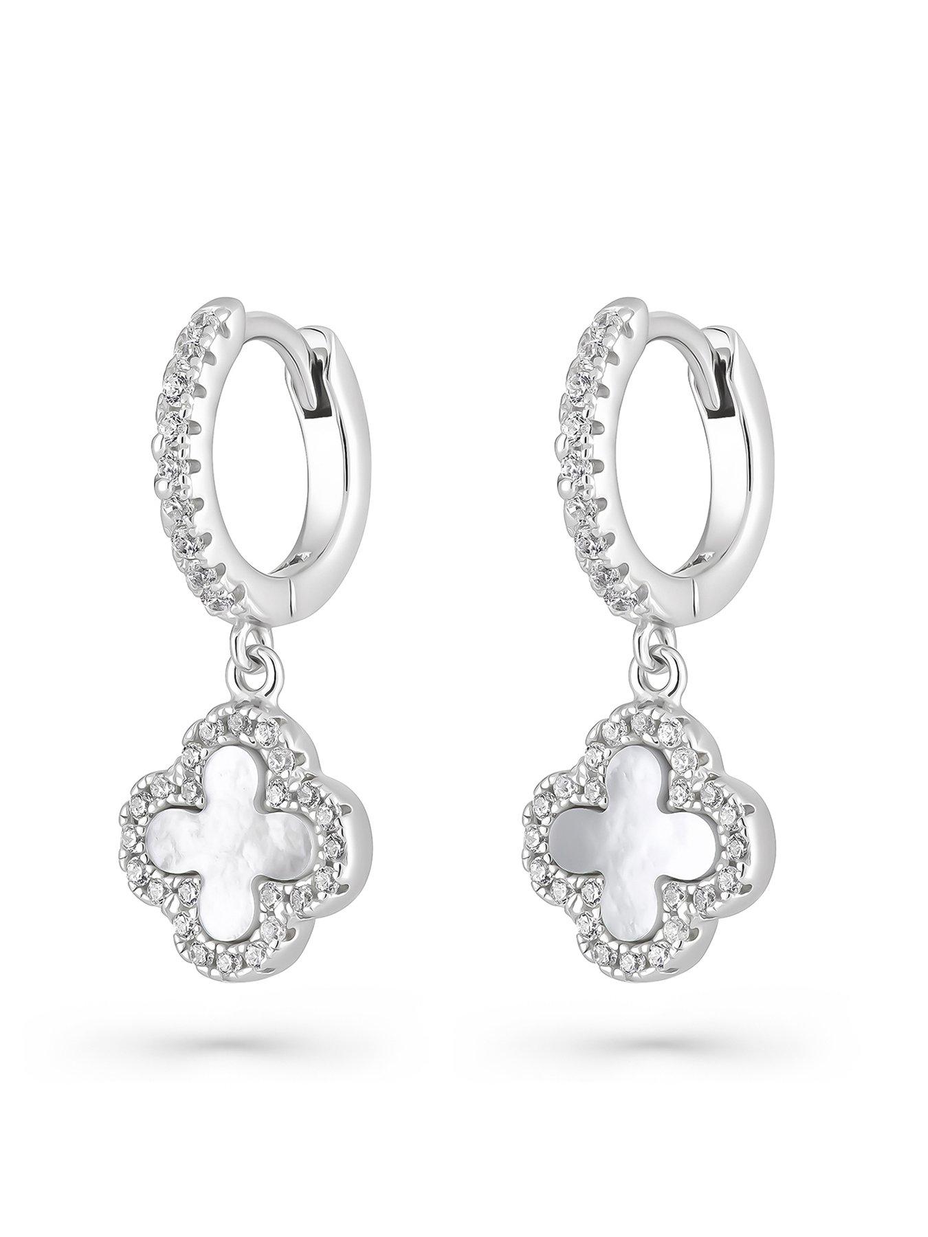  image of beaverbrooks-silver-cubic-zirconia-mother-of-pearl-clover-hoop-earrings