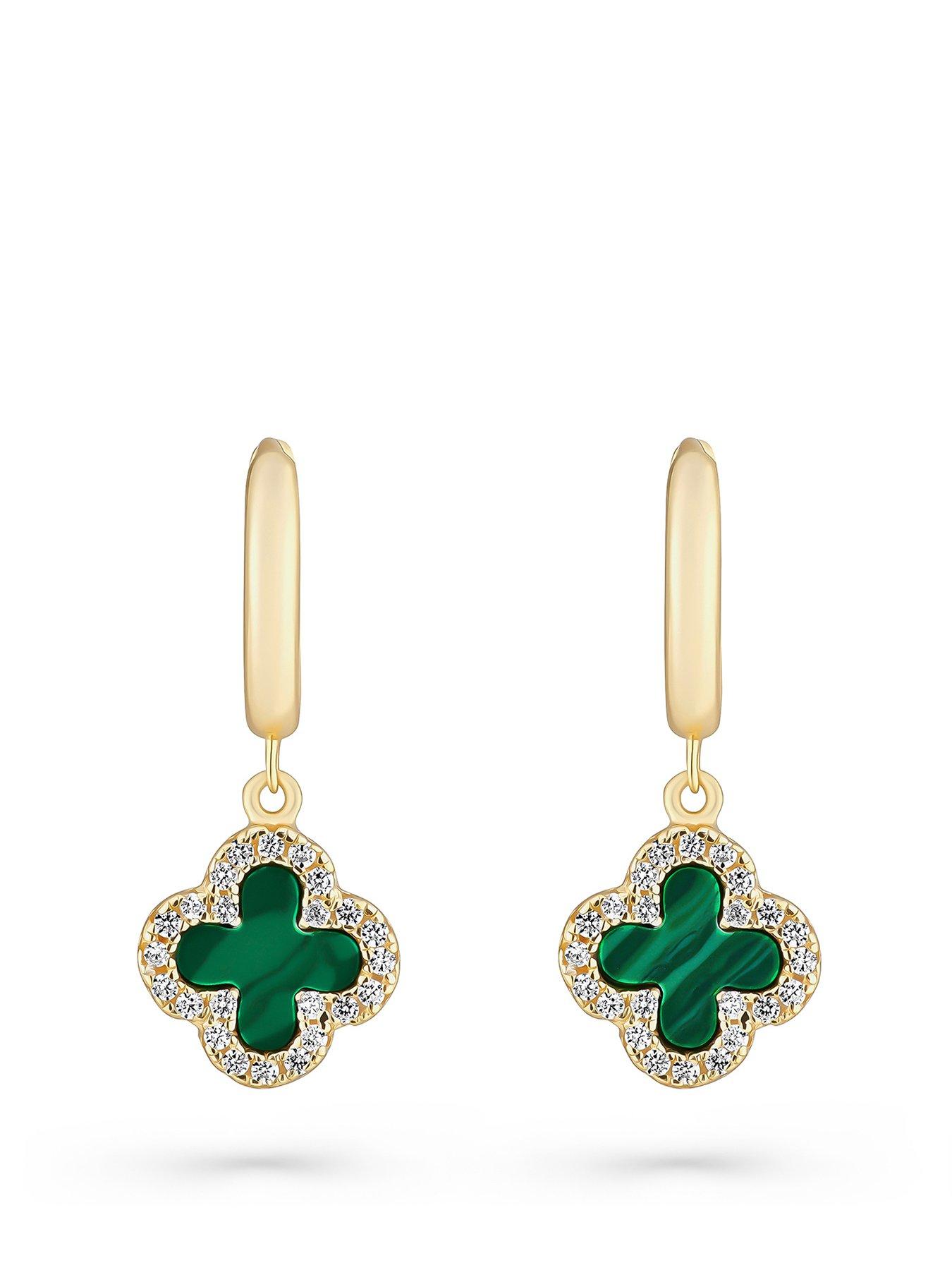  image of beaverbrooks-yellow-gold-plated-cubic-zirconia-malachite-clover-hoop-drop-earrings