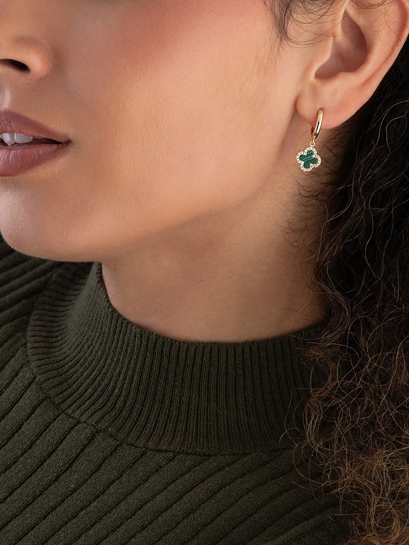  image of beaverbrooks-yellow-gold-plated-cubic-zirconia-malachite-clover-hoop-drop-earrings