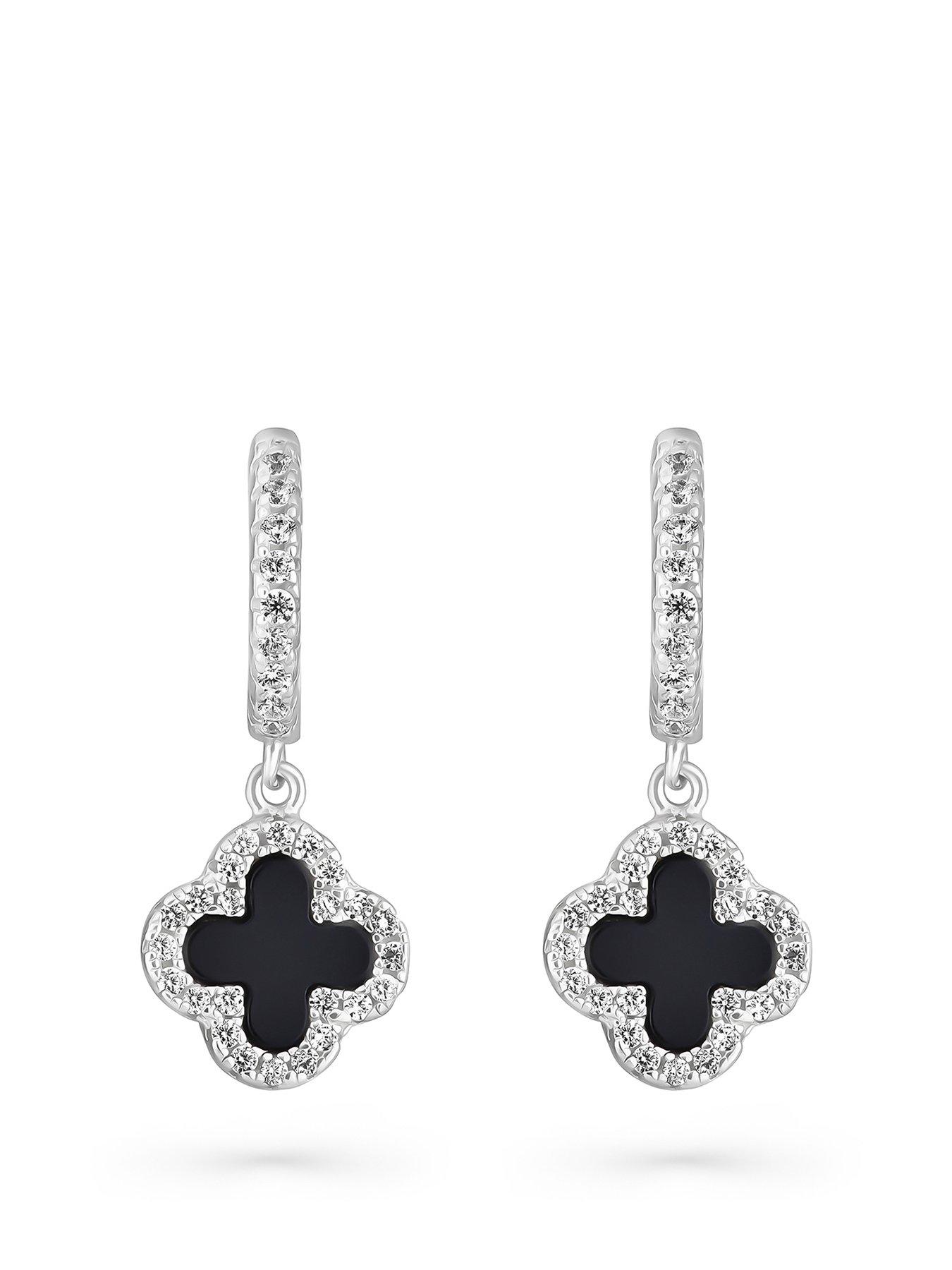 beaverbrooks-silver-cubic-zirconia-onyx-clover-hoop-drop-earrings