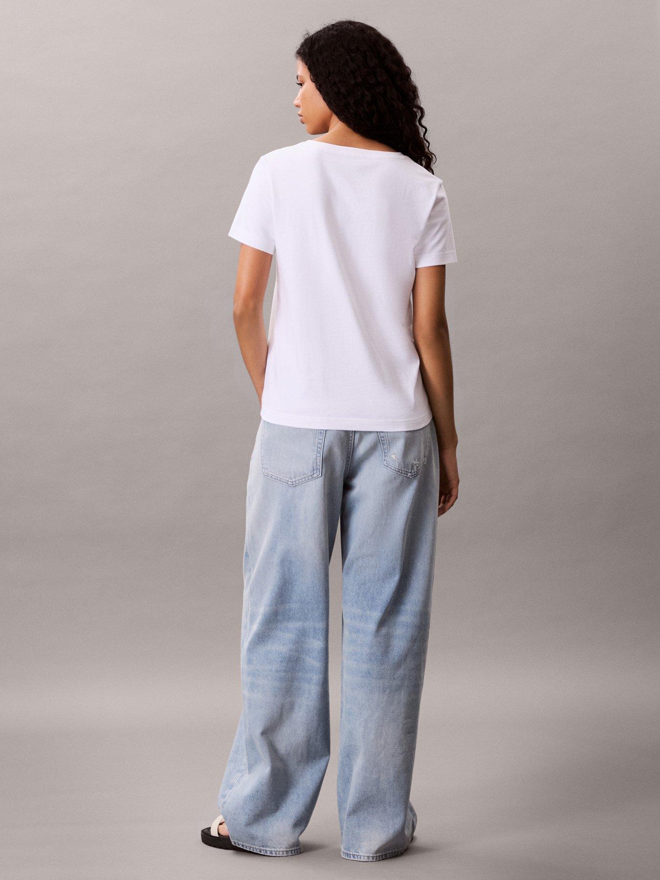 Image 2 of 6 of Calvin Klein Jeans Womens Archive Jersey V Neck T-Shirt - White