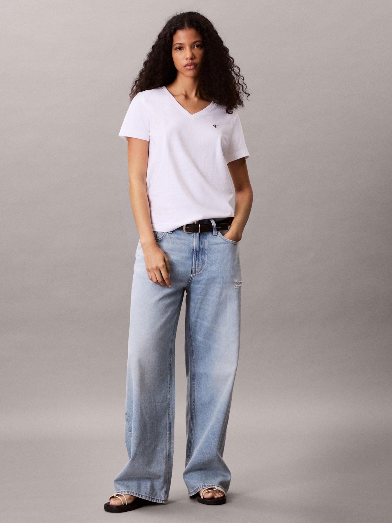 Image 3 of 6 of Calvin Klein Jeans Womens Archive Jersey V Neck T-Shirt - White