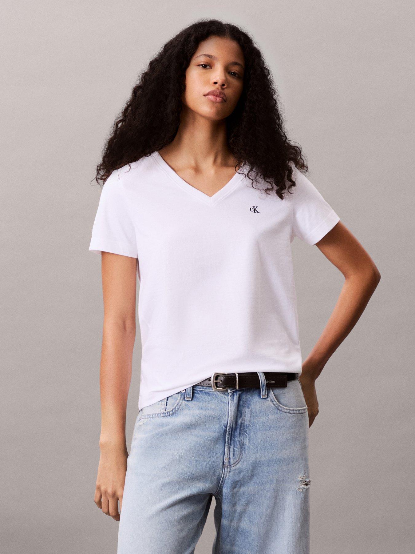 Image 4 of 6 of Calvin Klein Jeans Womens Archive Jersey V Neck T-Shirt - White