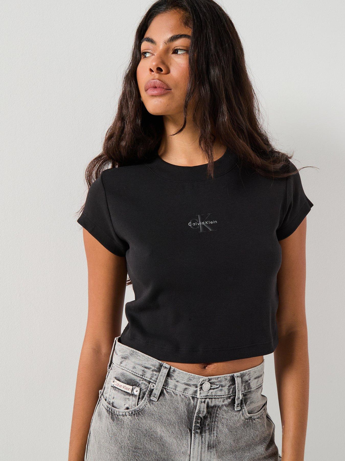 Image 1 of 4 of Calvin Klein Jeans Jeans Slim Ribbed Cotton Logo T-shirt - Black