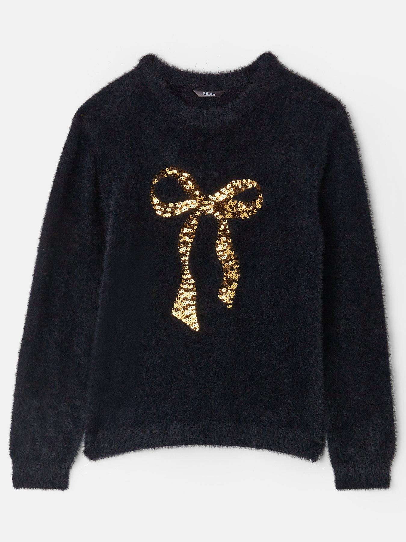 the-very-collection-girls-sequin-bow-fluffy-jumper-black