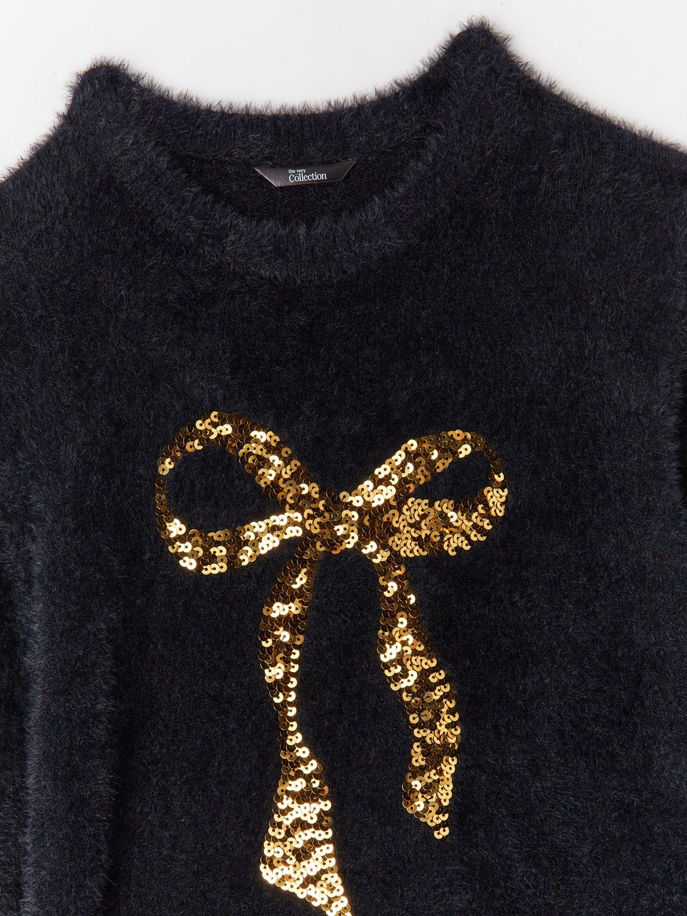 Image 3 of 4 of The Very Collection Girls Sequin Bow Fluffy Jumper - Black