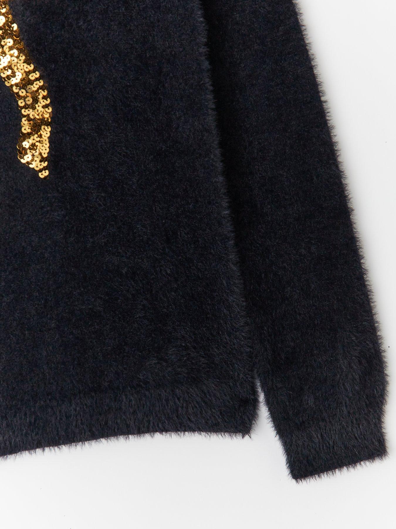 Image 4 of 4 of The Very Collection Girls Sequin Bow Fluffy Jumper - Black