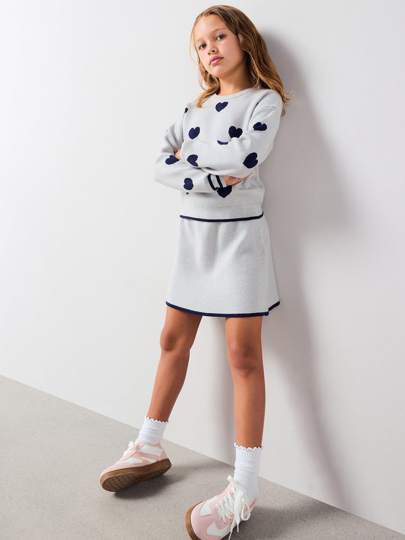 Image 1 of 6 of The Very Collection Girls Heart Print Knitted Jumper and Skirt Set - Grey