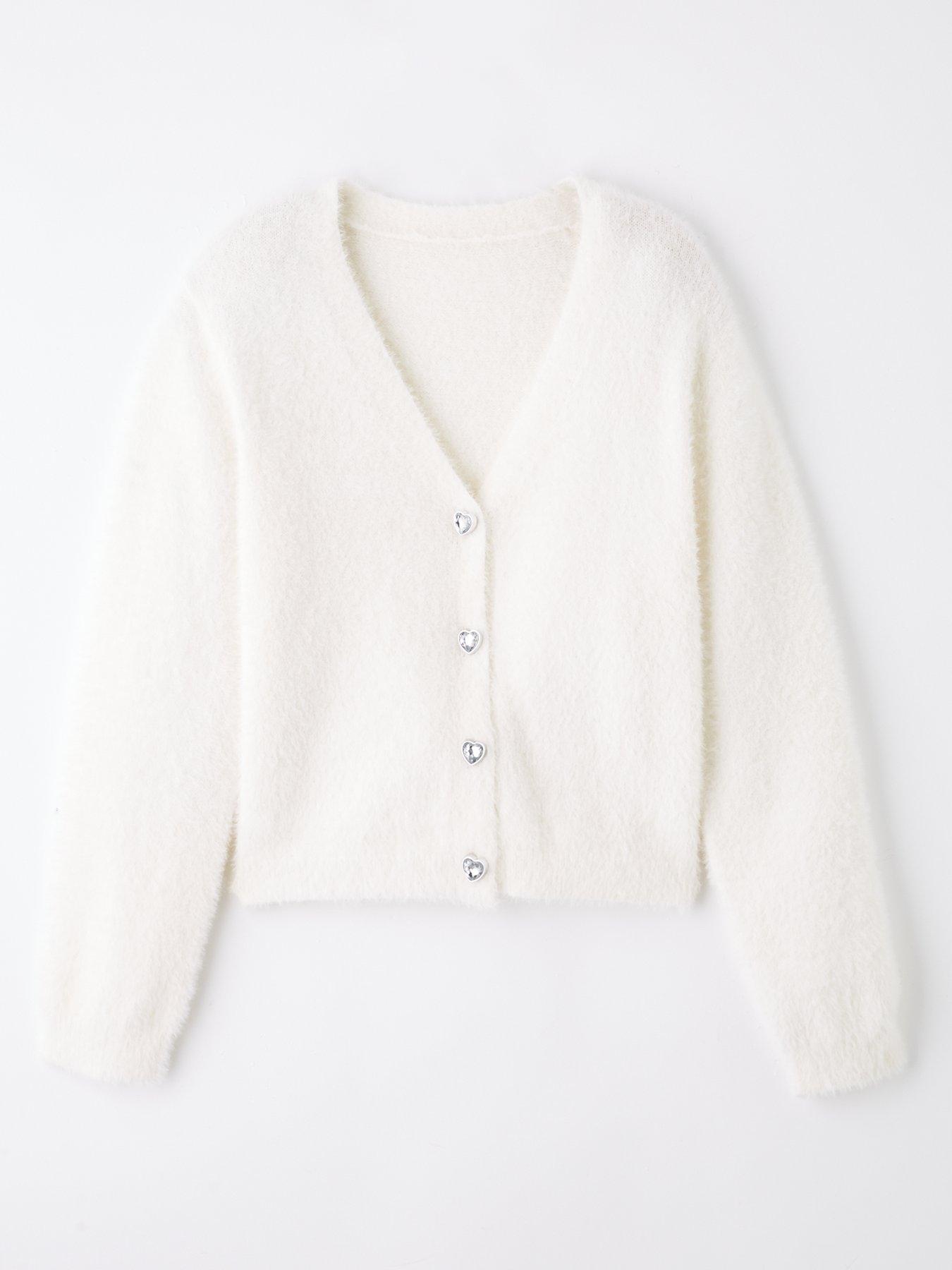 The Very Collection Girls Fluffy with Diamante Buttons Cardigan - Cream