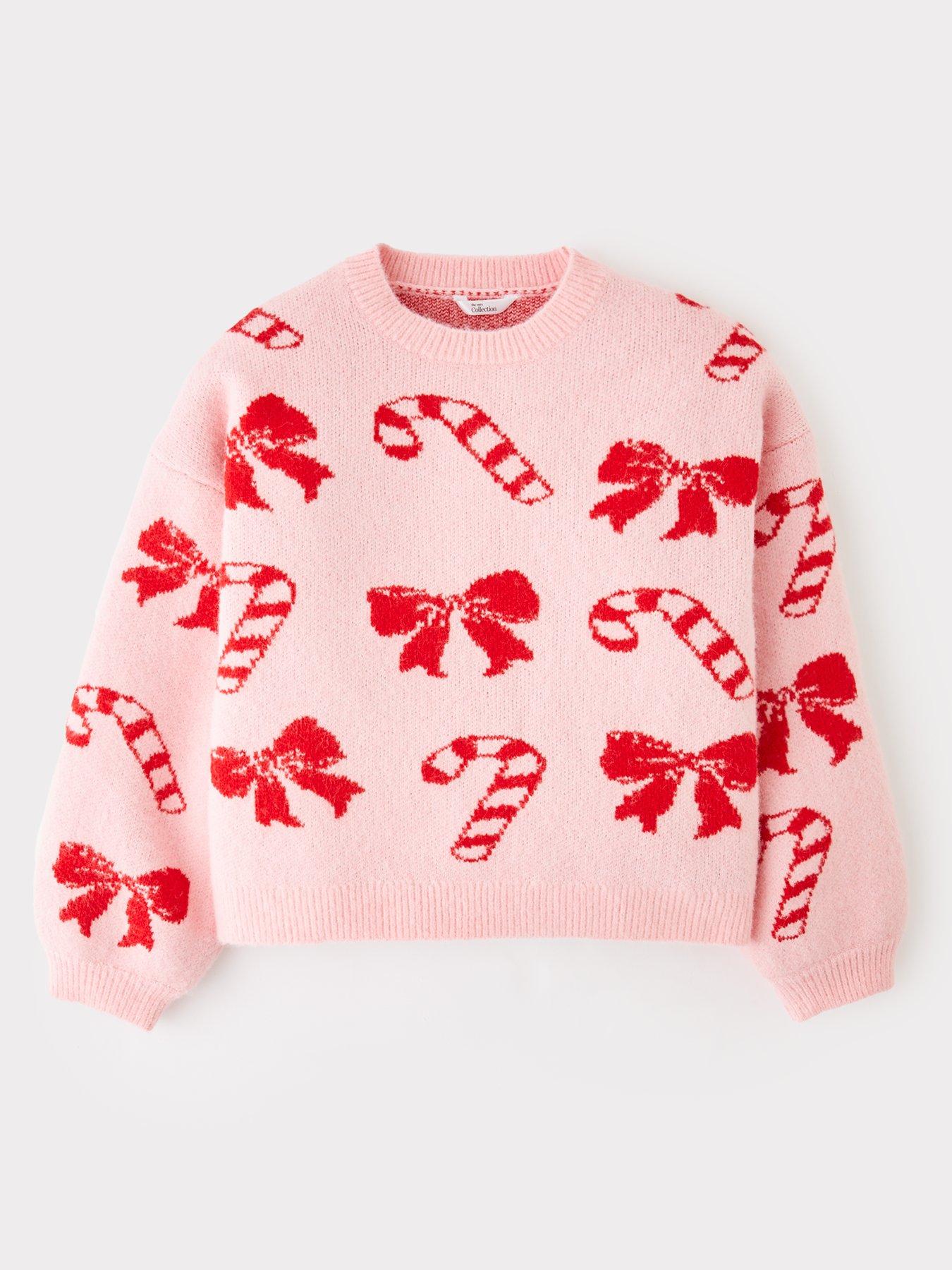 The Very Collection Girls Knitwear Candy Cane Christmas Jumper - Pink