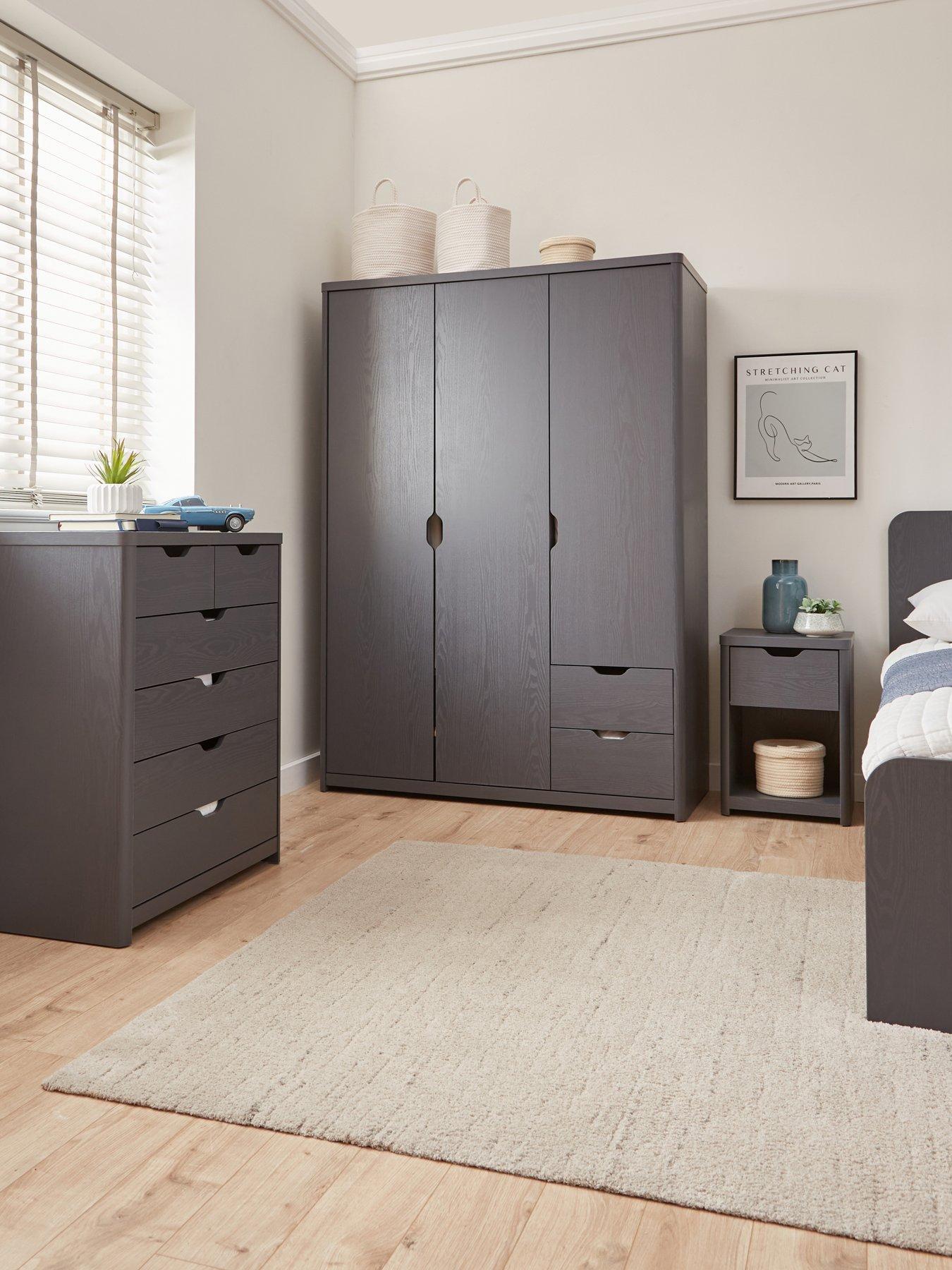 The Very Collection Aspen 3 Piece Package - 3 Door, 2 Drawer Wardrobe, 4 + 2 Chest and Bedside Table - Dark Grey Oak Effect