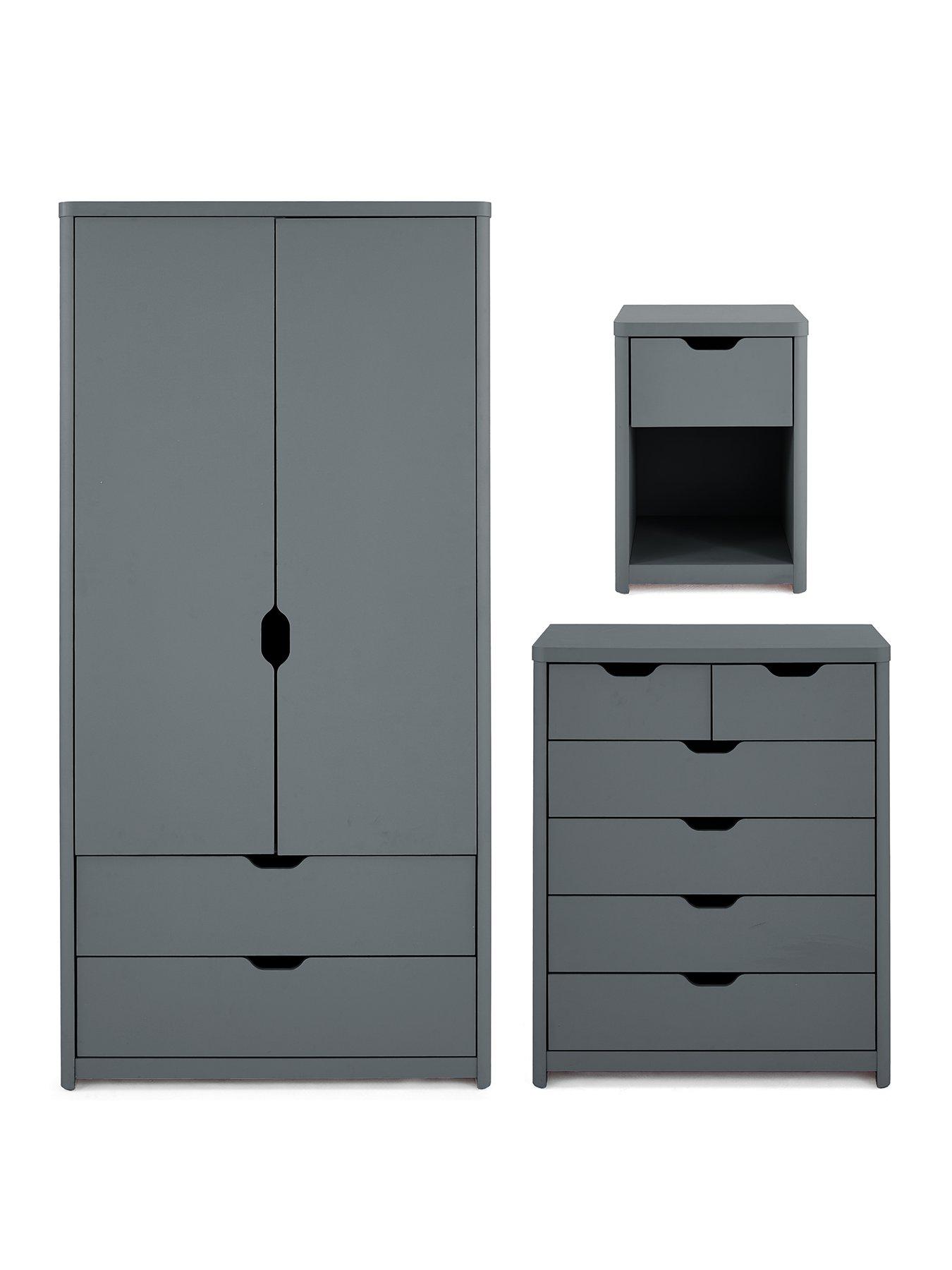 Image 2 of 7 of The Very Collection Aspen 3 Piece Package - 3 Door, 2 Drawer Wardrobe, 4 + 2 Chest and Bedside Table - Dark Grey Oak Effect