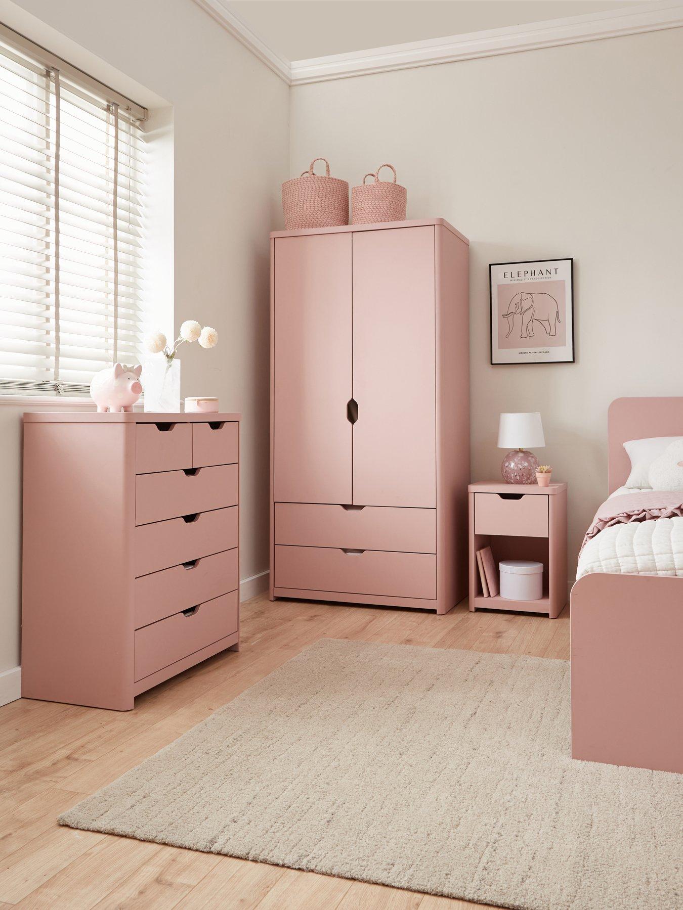 The Very Collection Aspen 3 Piece Package - 2 Door, 2 Drawer Wardrobe, 4 + 2 Chest and Bedside Table - Pink
