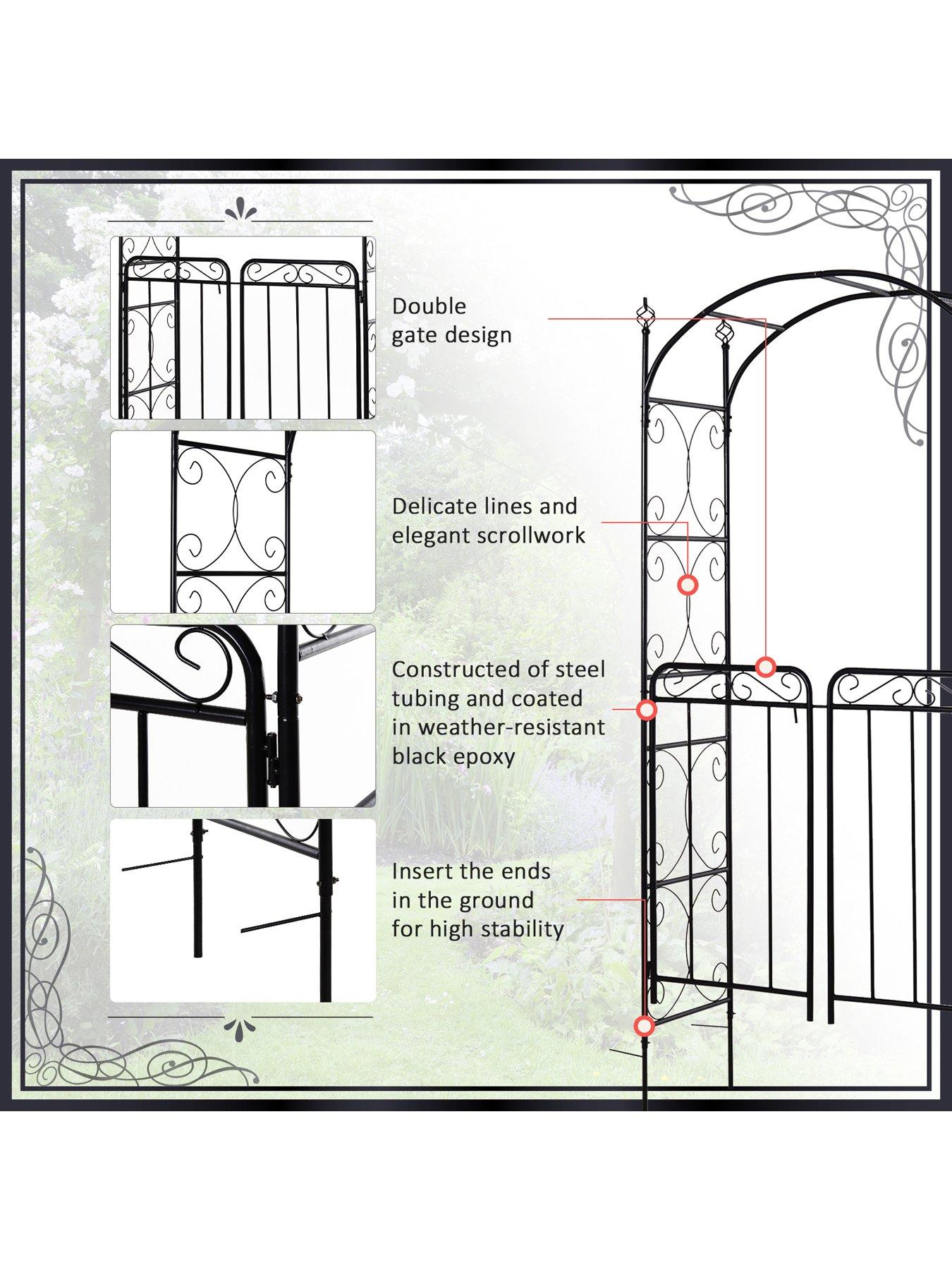  image of outsunny-garden-decorative-metal-arch-with-gate-108l-x-45w-x-215hcm