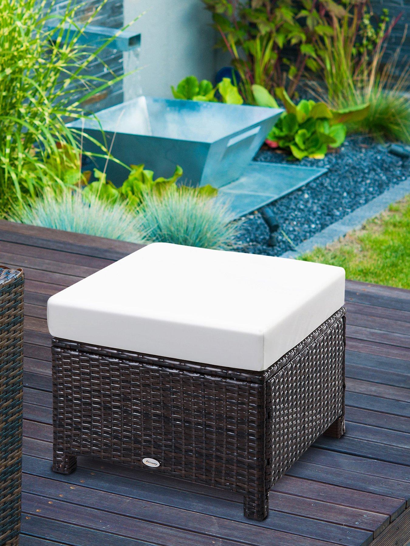 undefined Rattan Footstool Wicker Ottoman with Padded Seat Cushion 50 x 50 x 35 cm, Brown