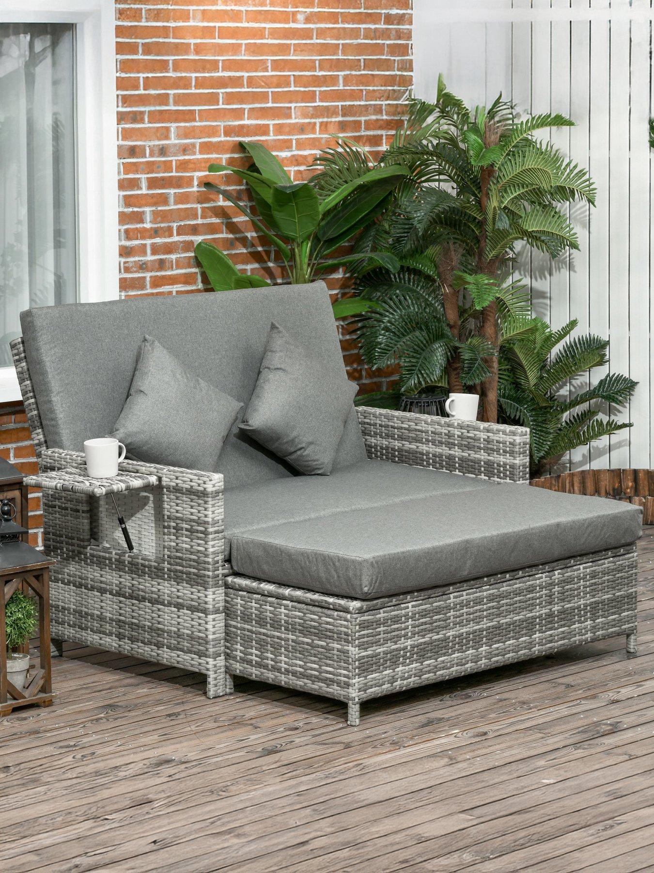undefined 2 Seater Rattan Furniture Sofa Sun Lounger Daybed Grey