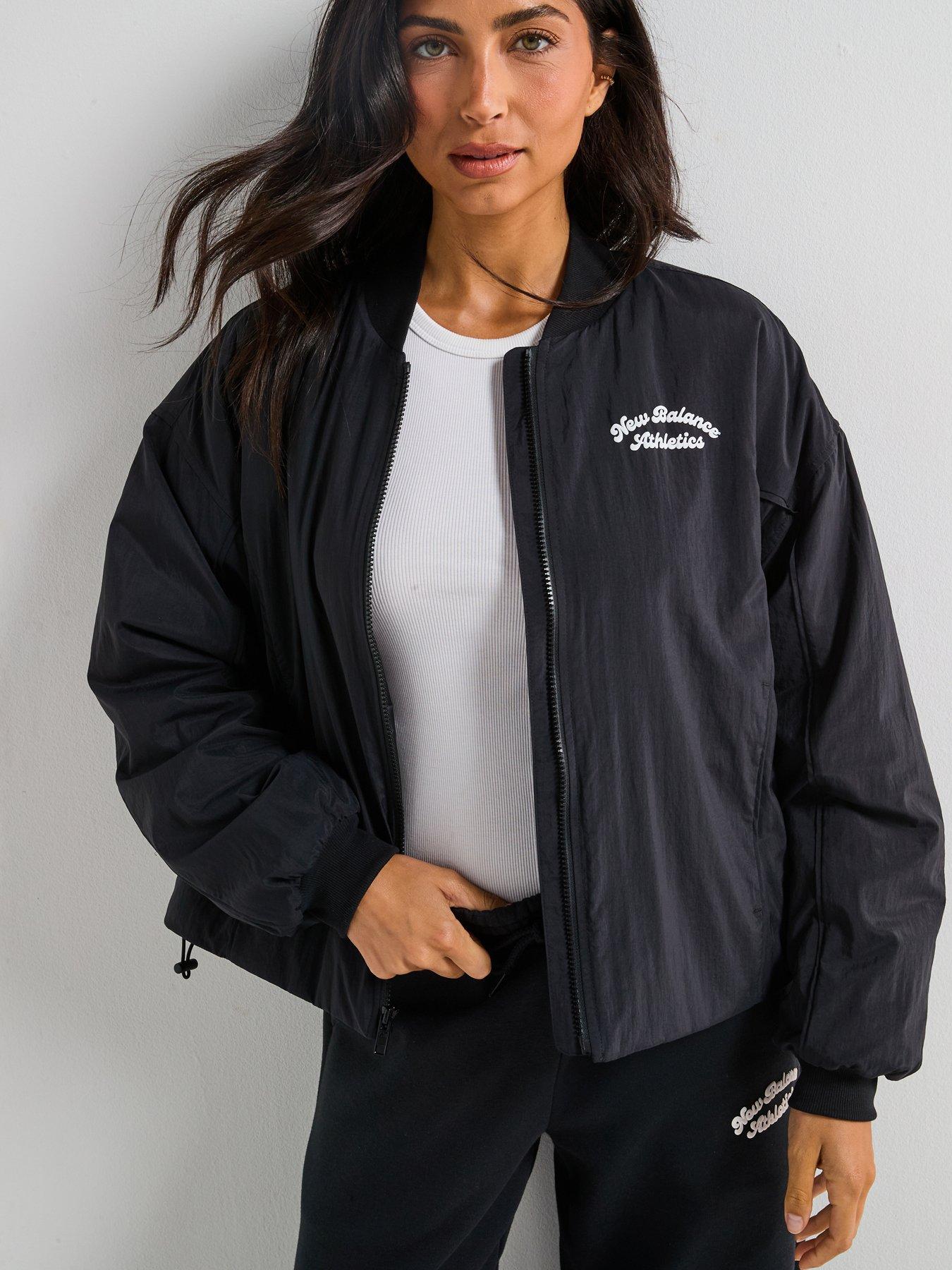 New Balance Womens Linear Heritage Woven Bomber Jacket- Black