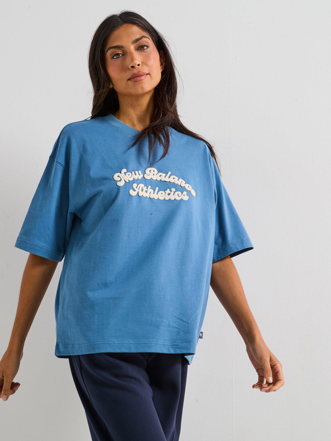  image of new-balance-womens-linear-heritage-oversized-t-shirt-blue
