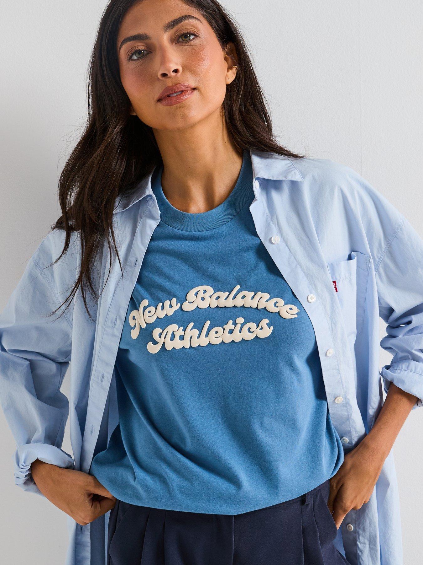 image of new-balance-womens-linear-heritage-oversized-t-shirt-blue