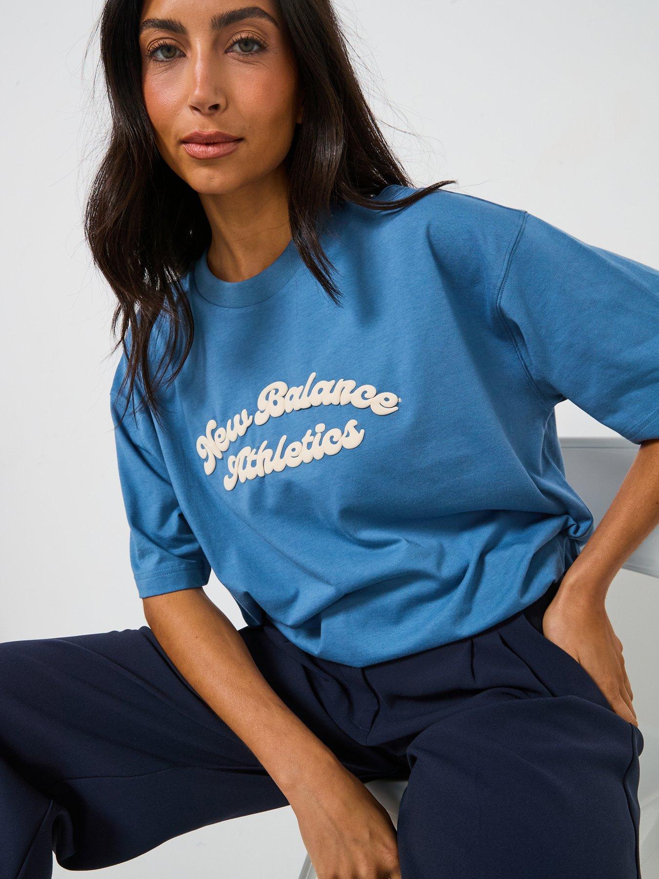  image of new-balance-womens-linear-heritage-oversized-t-shirt-blue