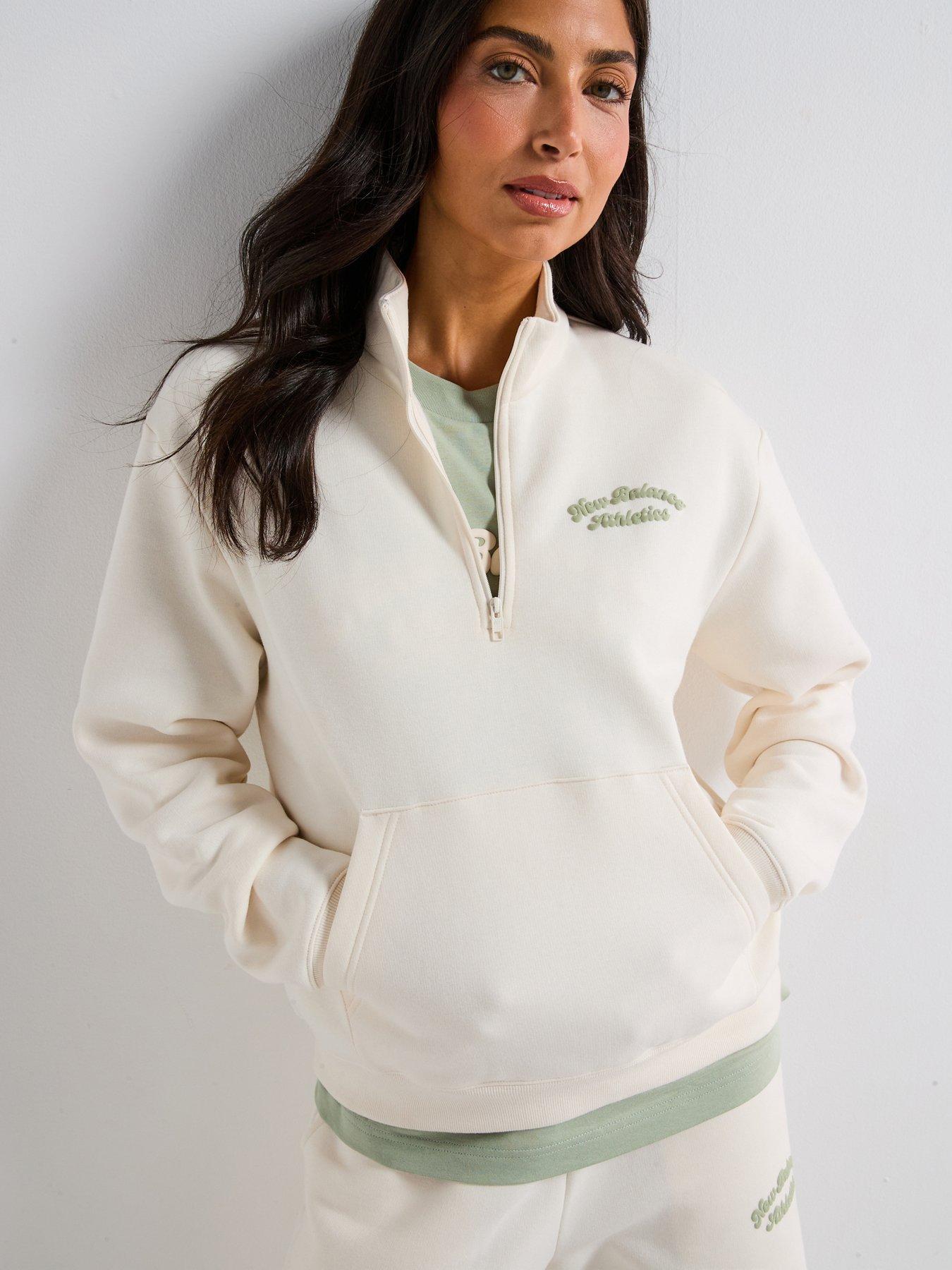  image of new-balance-womens-linear-heritage-fleece-half-zip-sweatshirt-beige