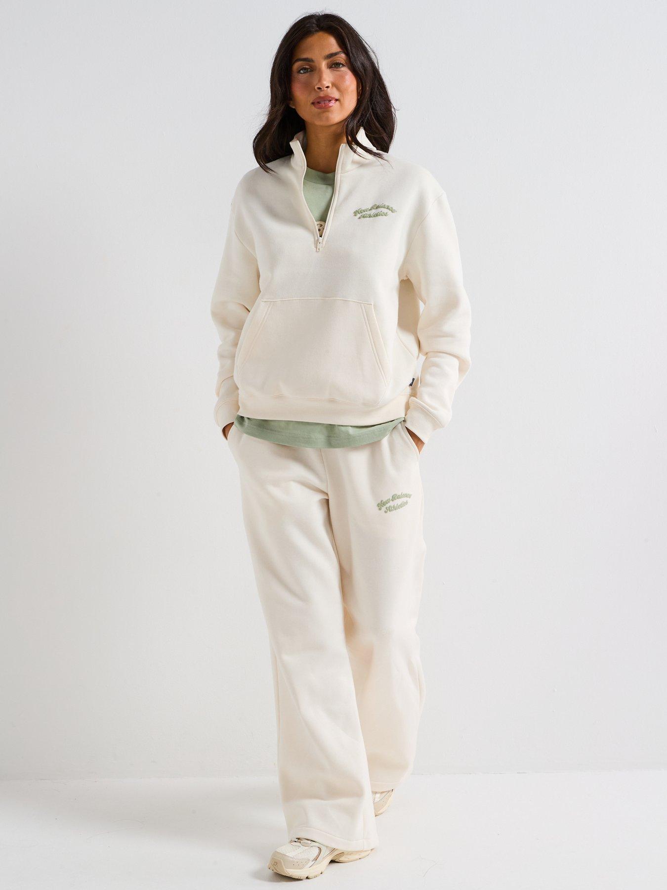  image of new-balance-womens-linear-heritage-fleece-half-zip-sweatshirt-beige