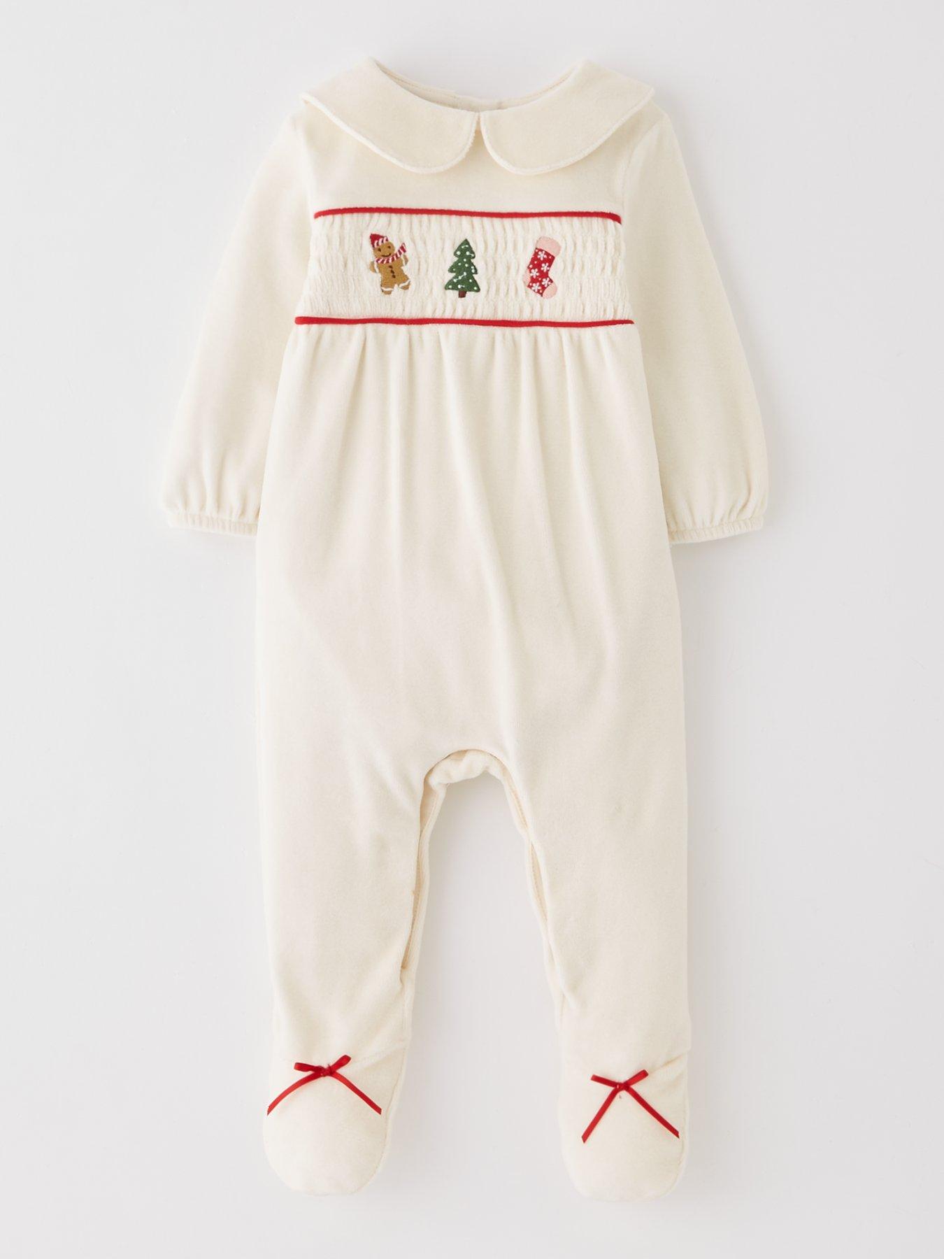 undefined Baby Girls Festive Velour Sleepsuit - Cream