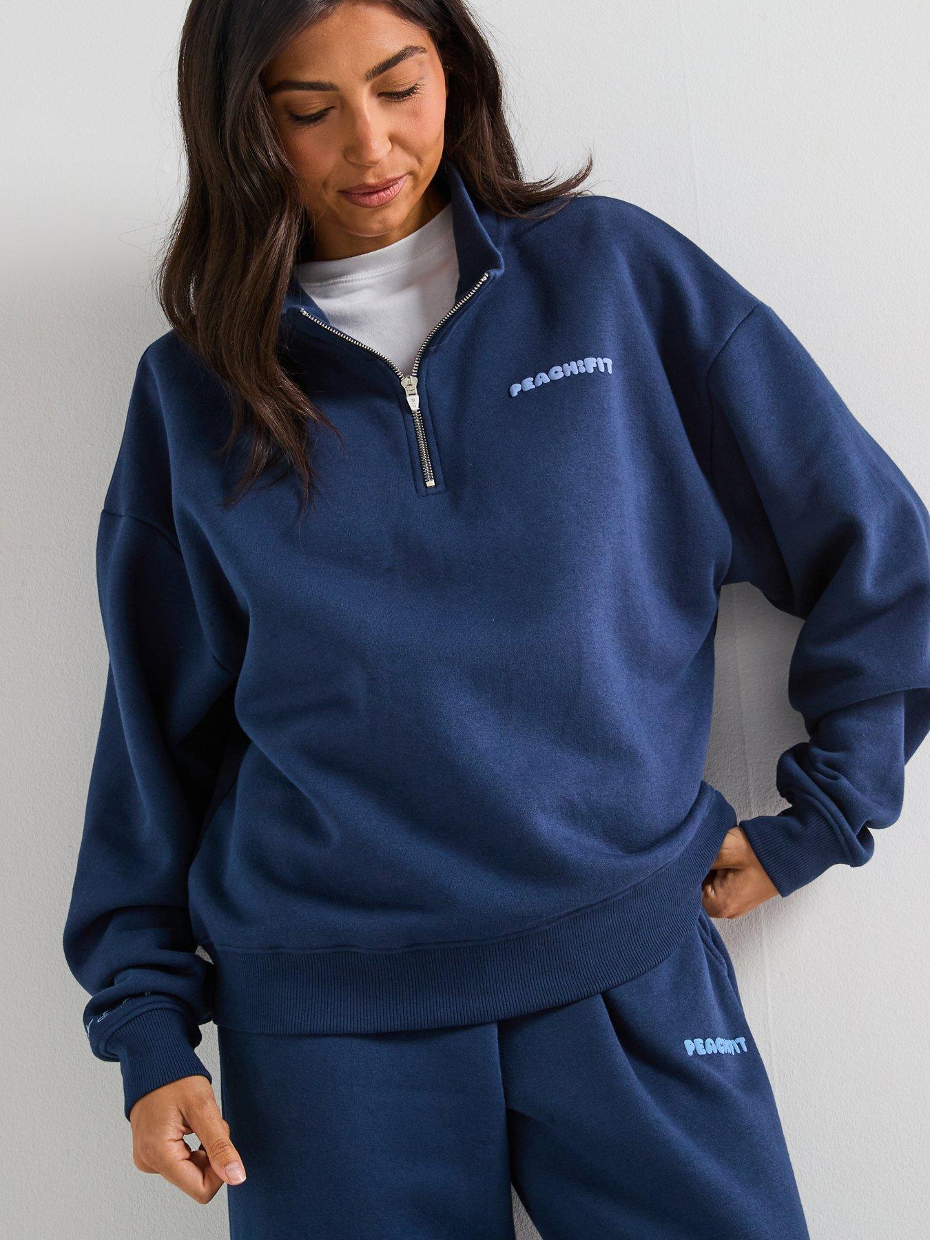 Image 1 of 6 of Peach Fit Womens Cozy Season Zip Neck Sweat Top - Navy