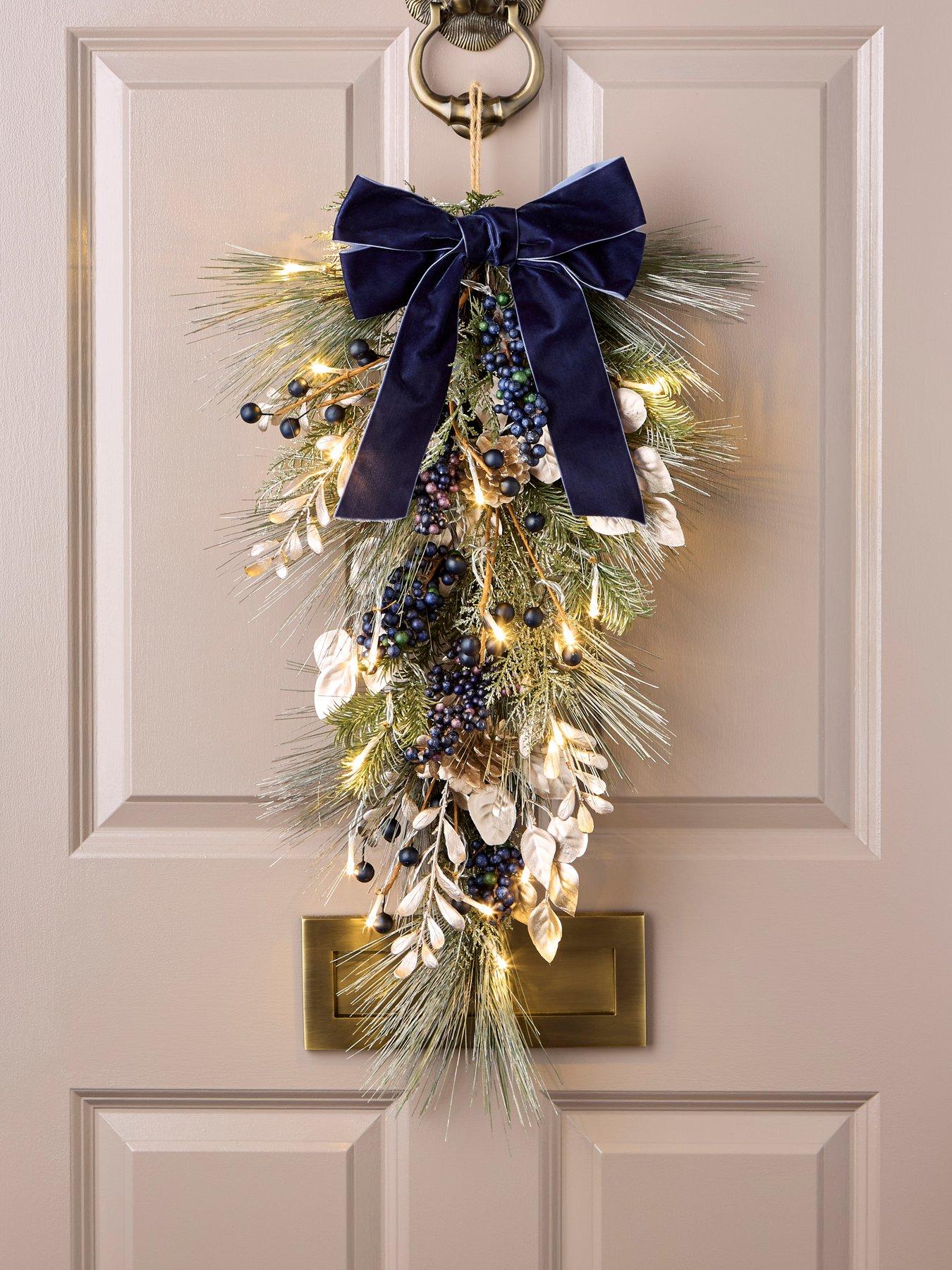 The Very Collection Blueberry Pre Lit Christmas Wreath with Velvet Bow
