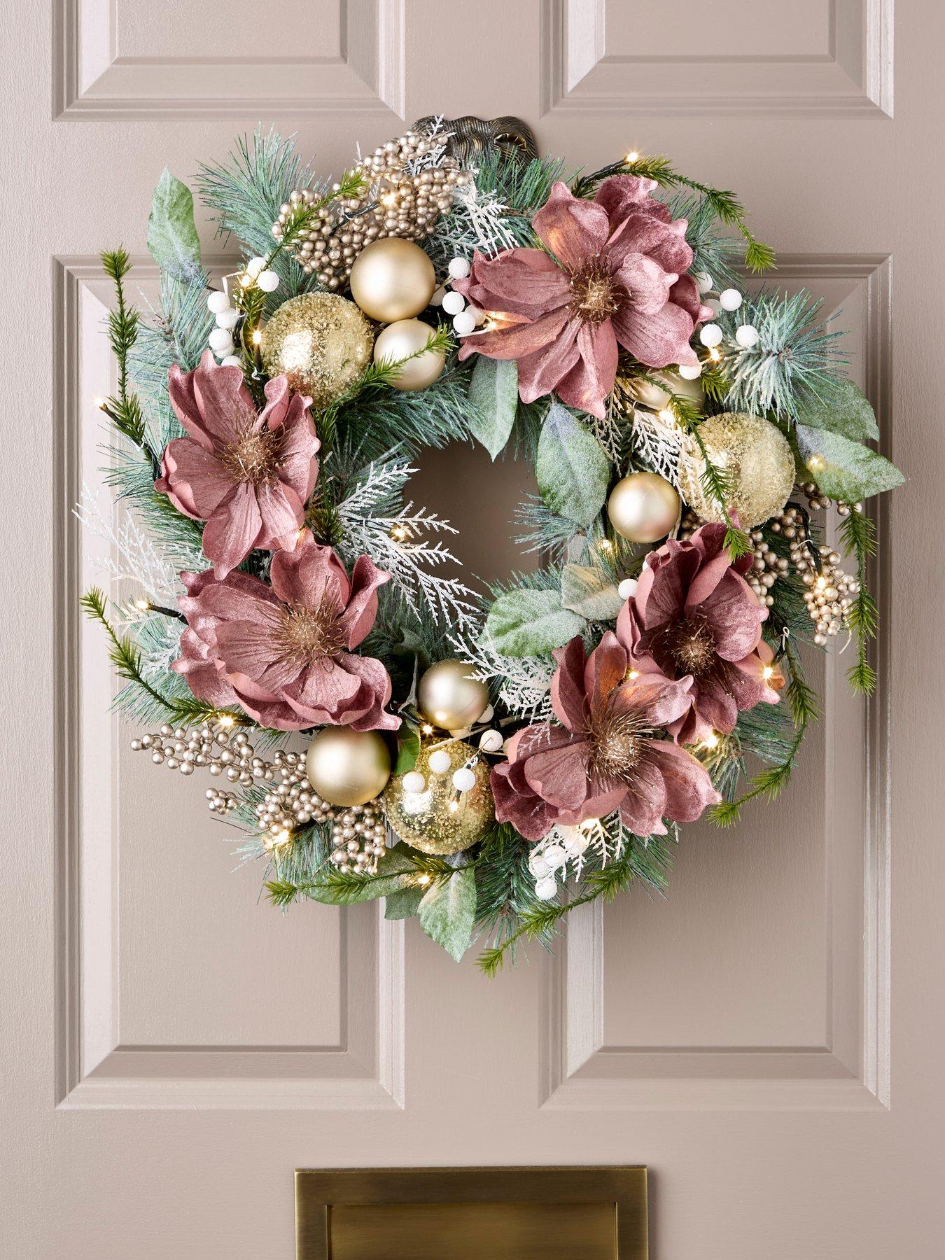 undefined Dusky Pink Magnolia Pre Lit Christmas Wreath - 60 cm